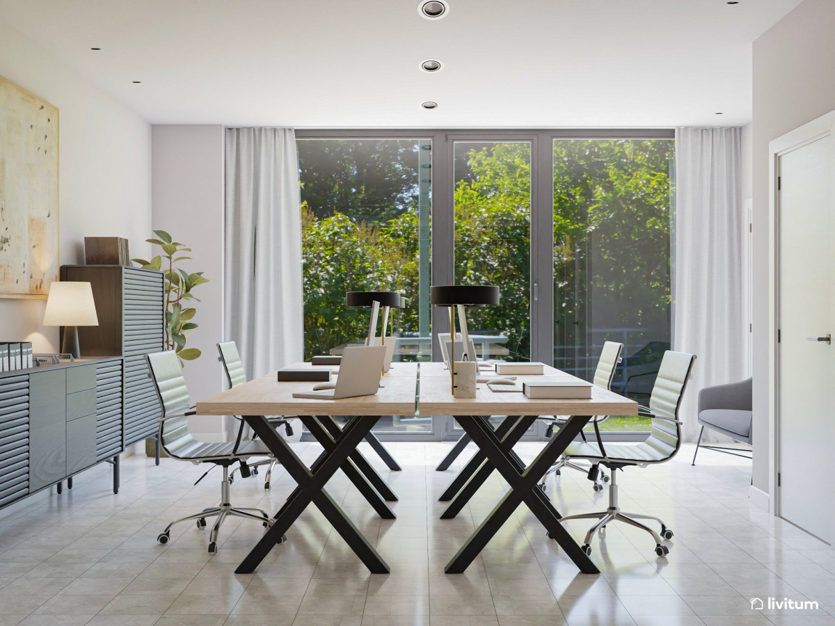 Oficina elegante y luminosa con muebles oscuros