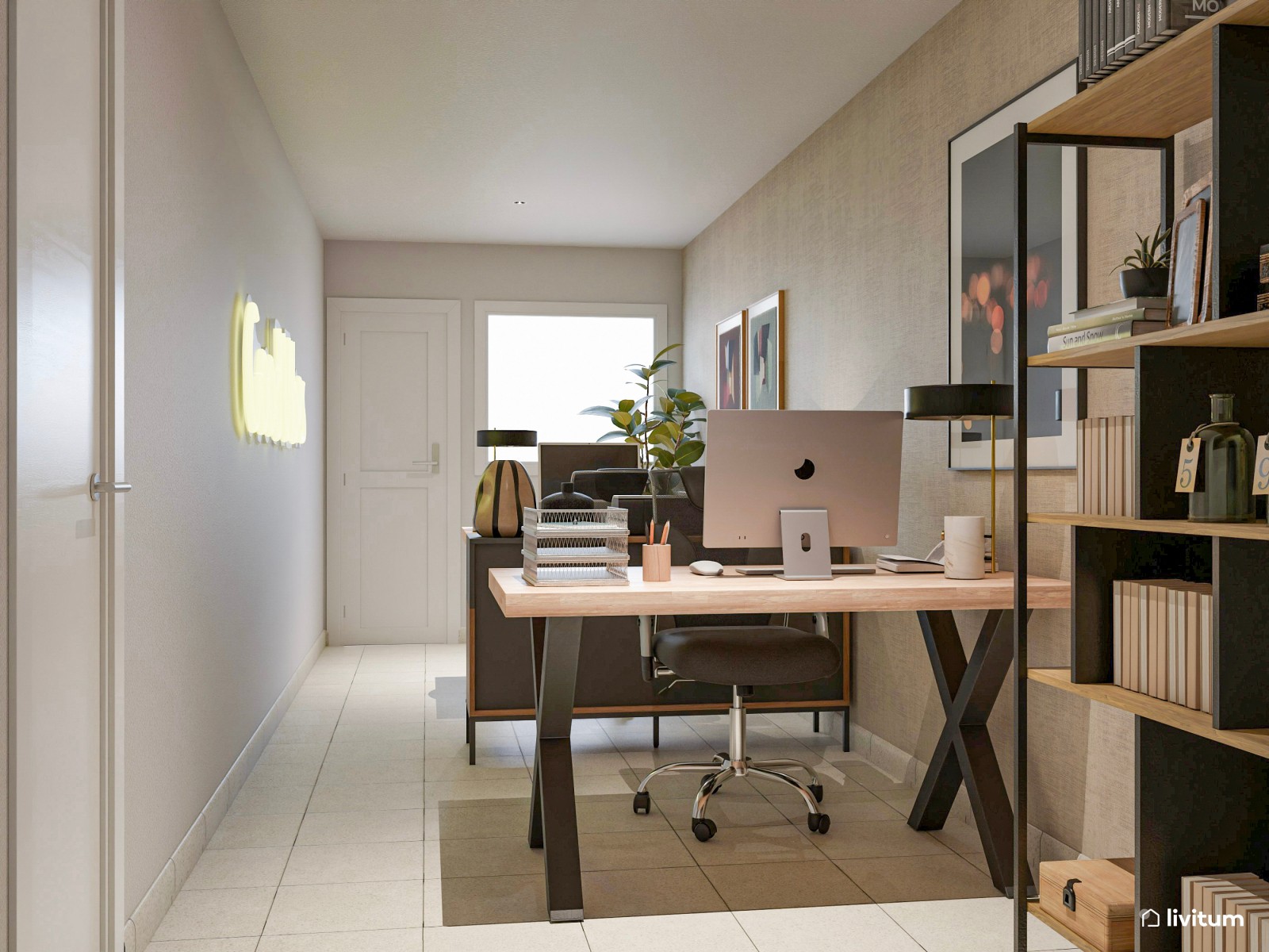 Oficina moderna en tonos naturales con zona de atención a clientes