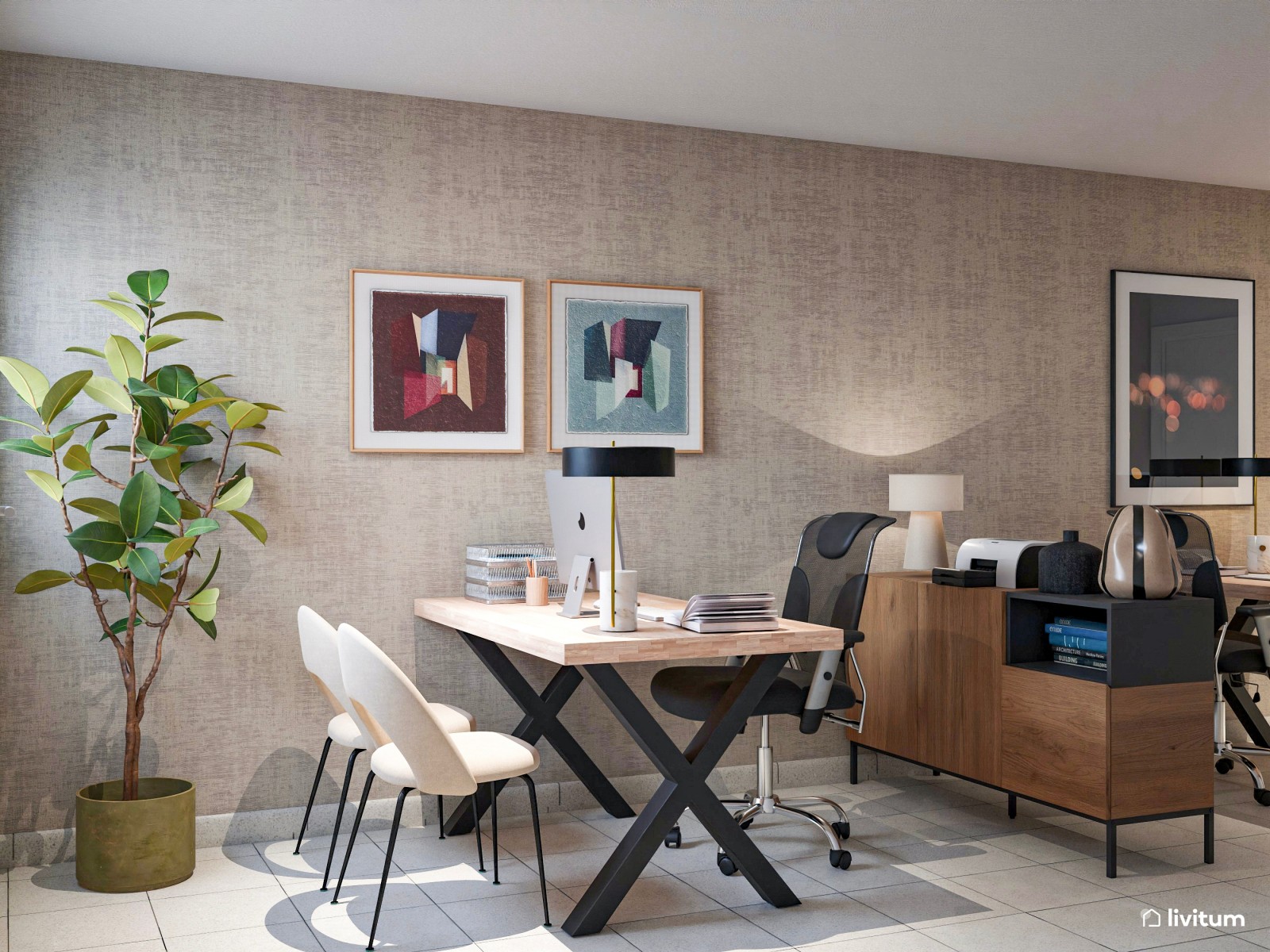 Oficina moderna en tonos naturales con zona de atención a clientes