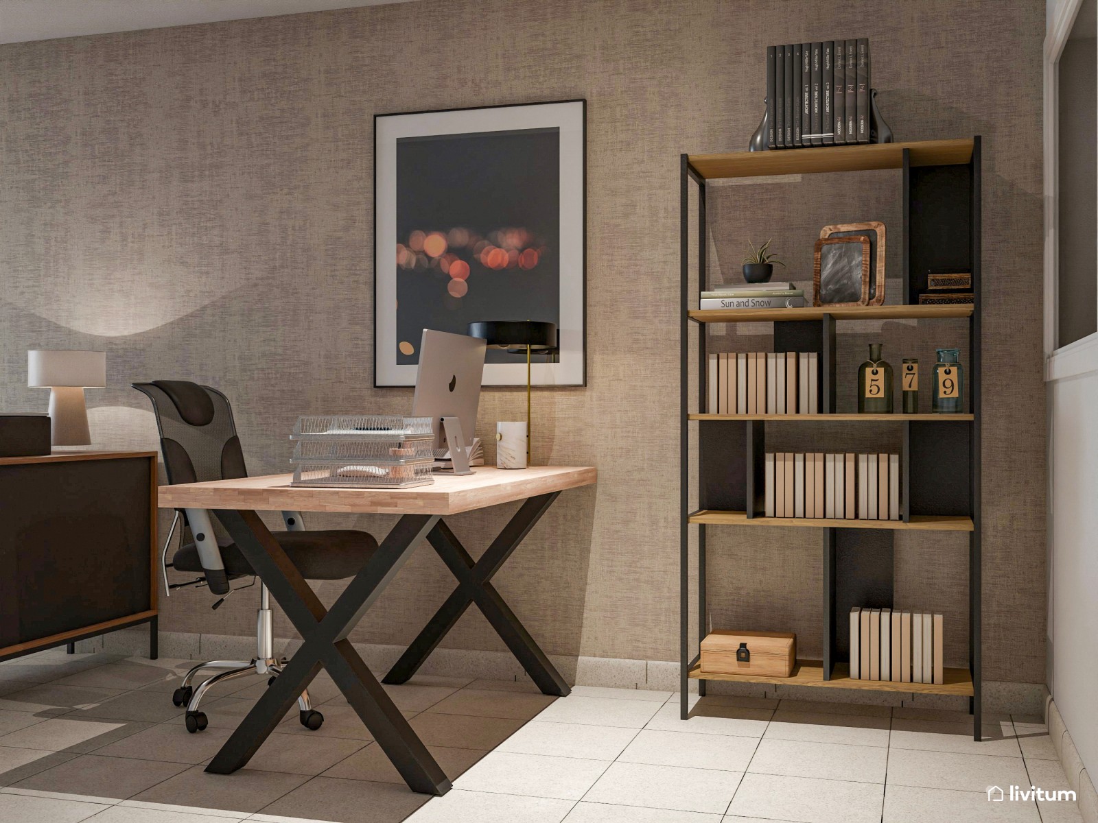 Oficina moderna en tonos naturales con zona de atención a clientes