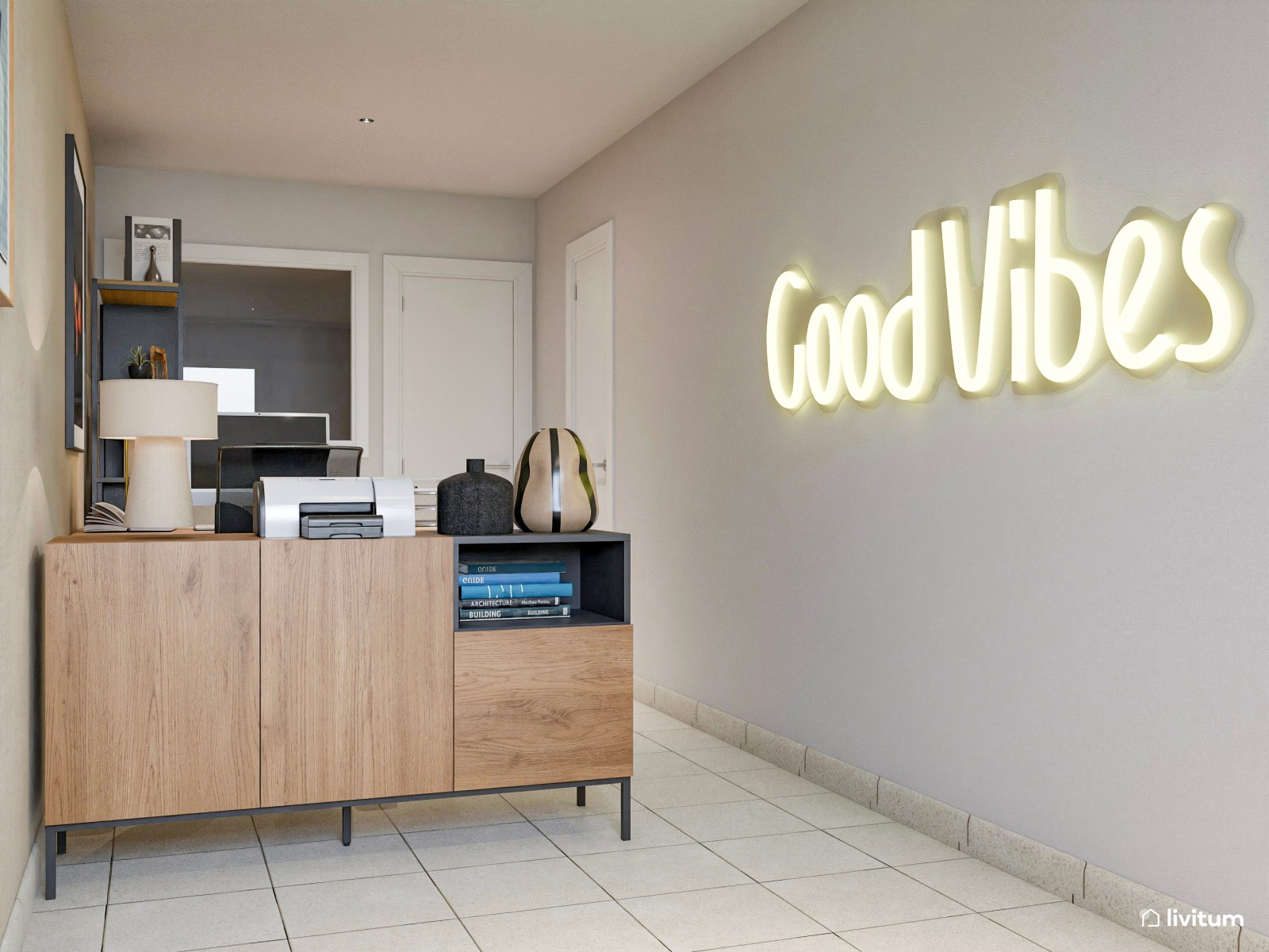 Oficina moderna en tonos naturales con zona de atención a clientes