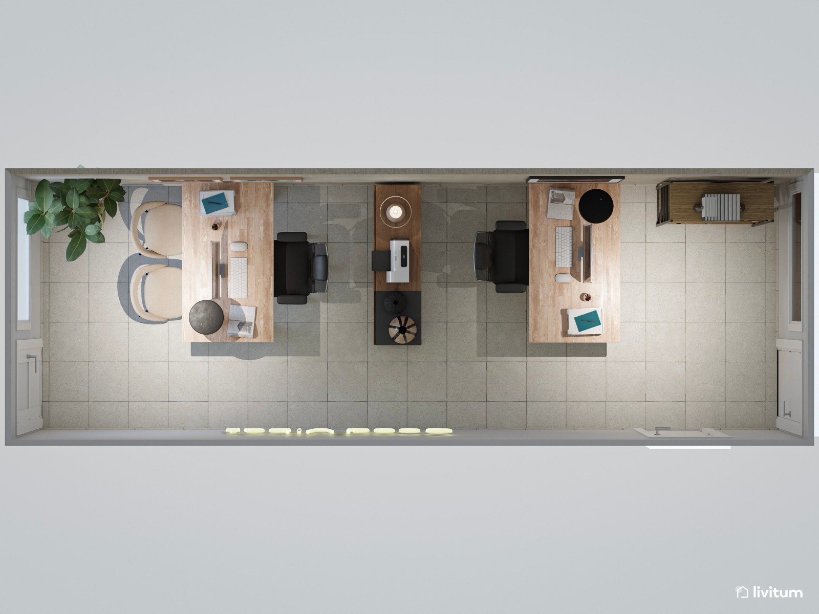 Oficina moderna en tonos naturales con zona de atención a clientes