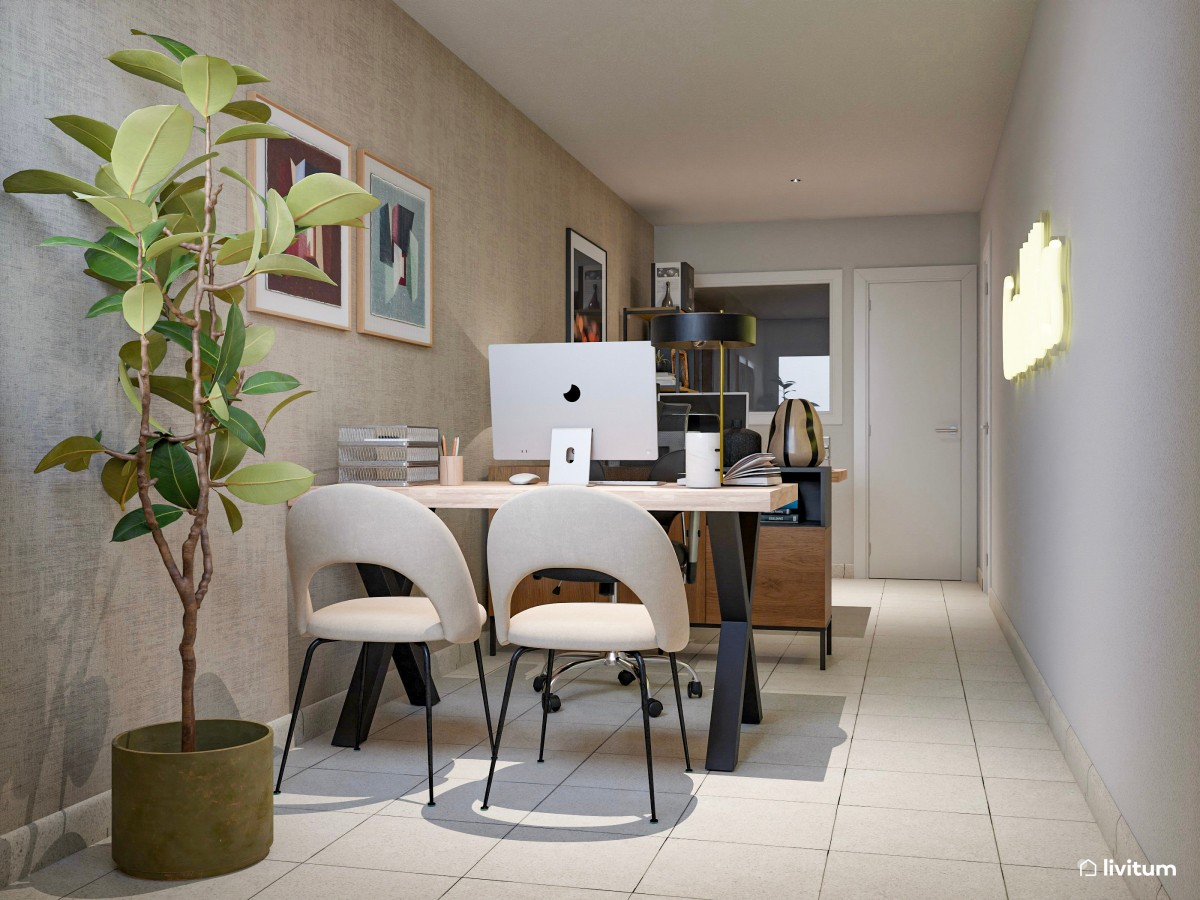 Oficina moderna en tonos naturales con zona de atención a clientes