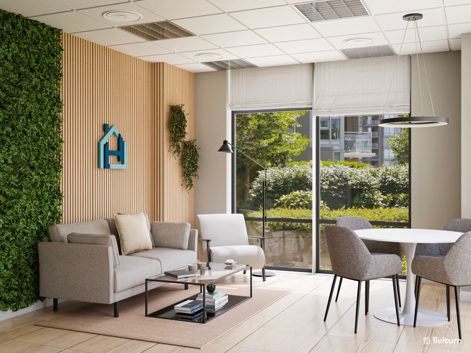 Oficina moderna y luminosa con decoración biofílica