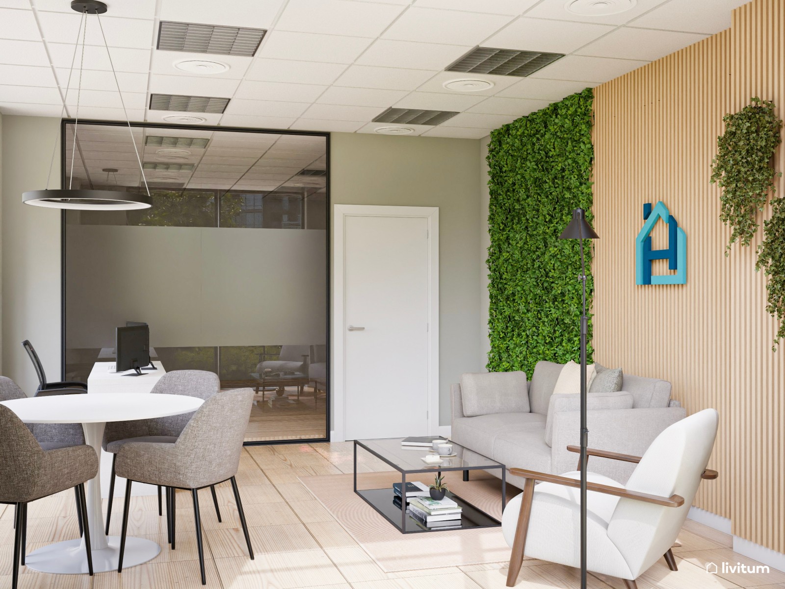 Oficina moderna y luminosa con decoración biofílica