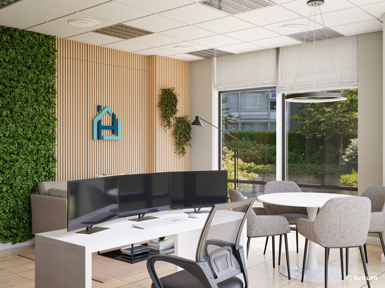 Oficina moderna y luminosa con decoración biofílica