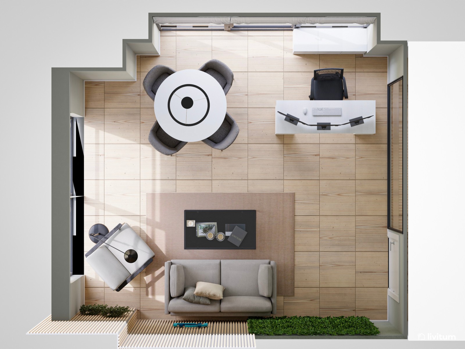 Oficina moderna y luminosa con decoración biofílica