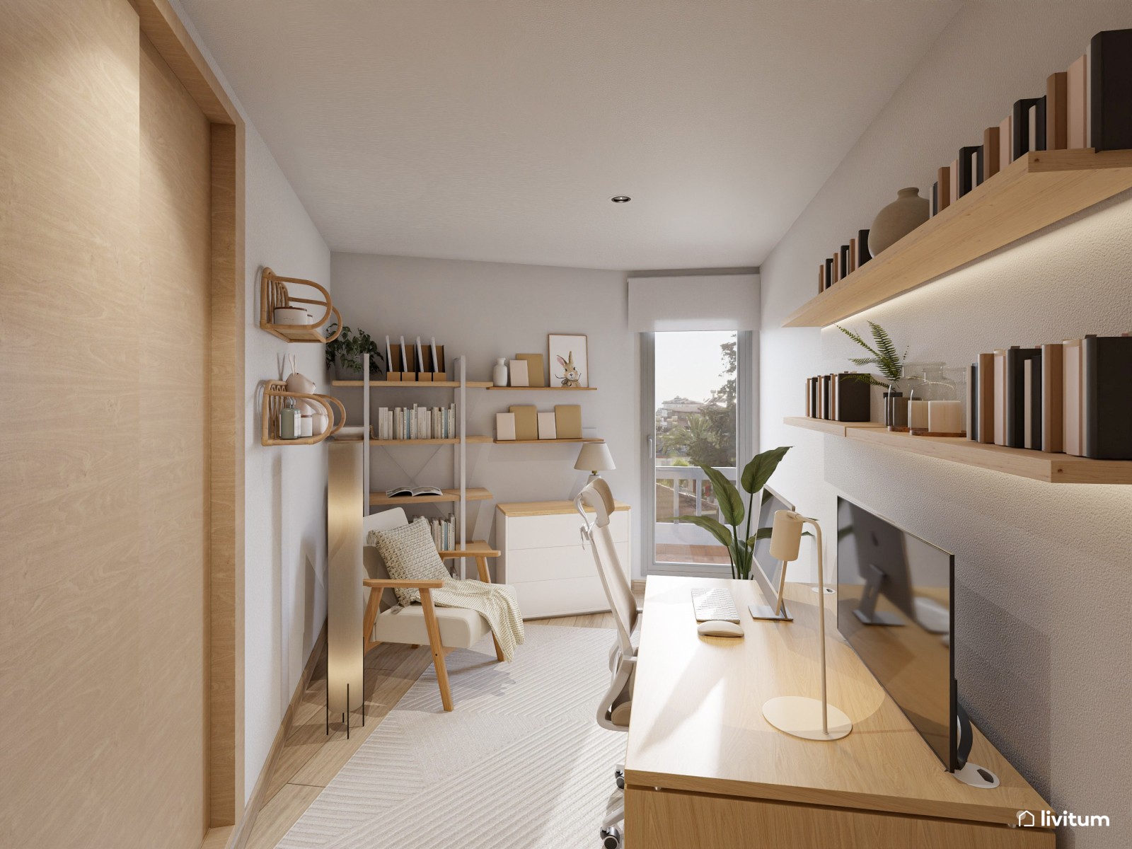 Oficina nórdica en planta irregular y muebles en tonos suaves