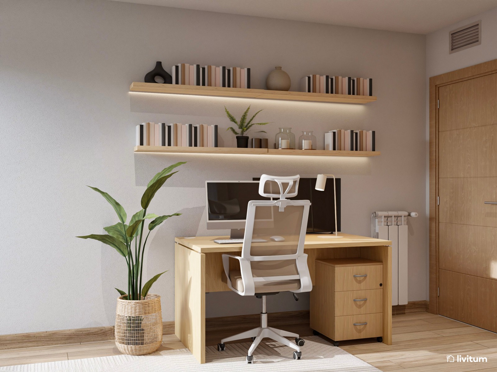 Oficina nórdica en planta irregular y muebles en tonos suaves