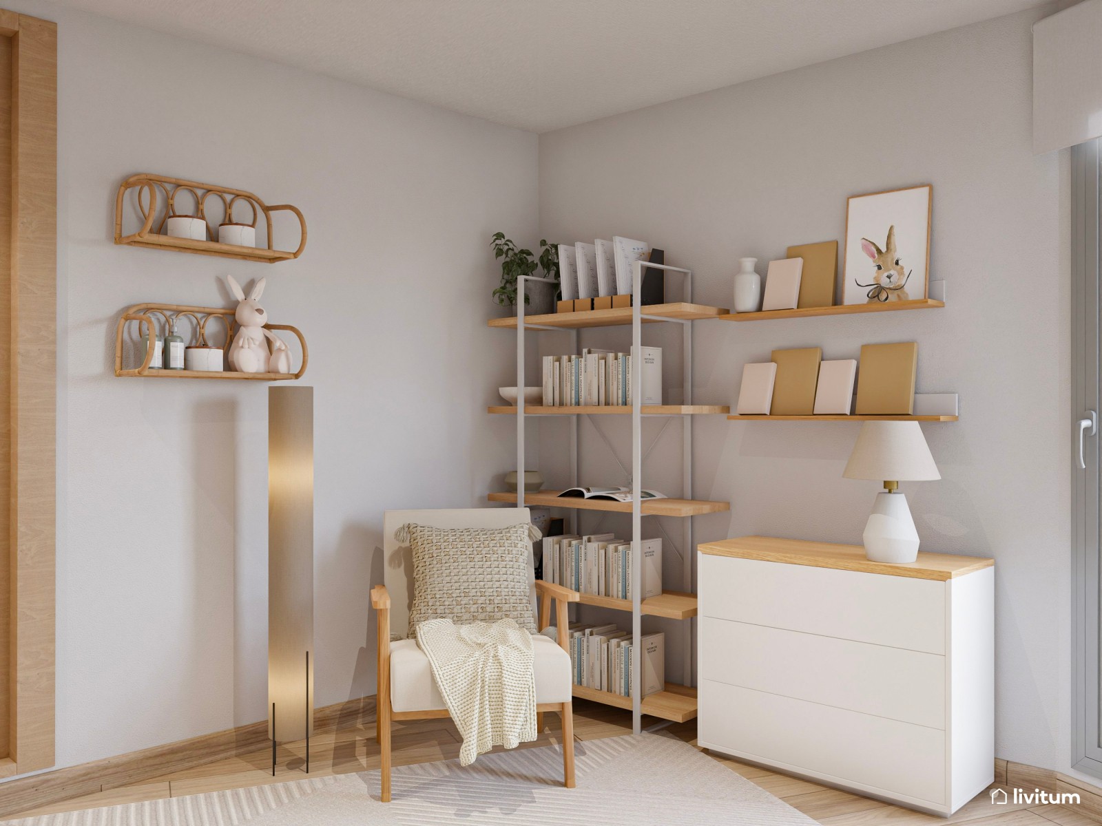 Oficina nórdica en planta irregular y muebles en tonos suaves