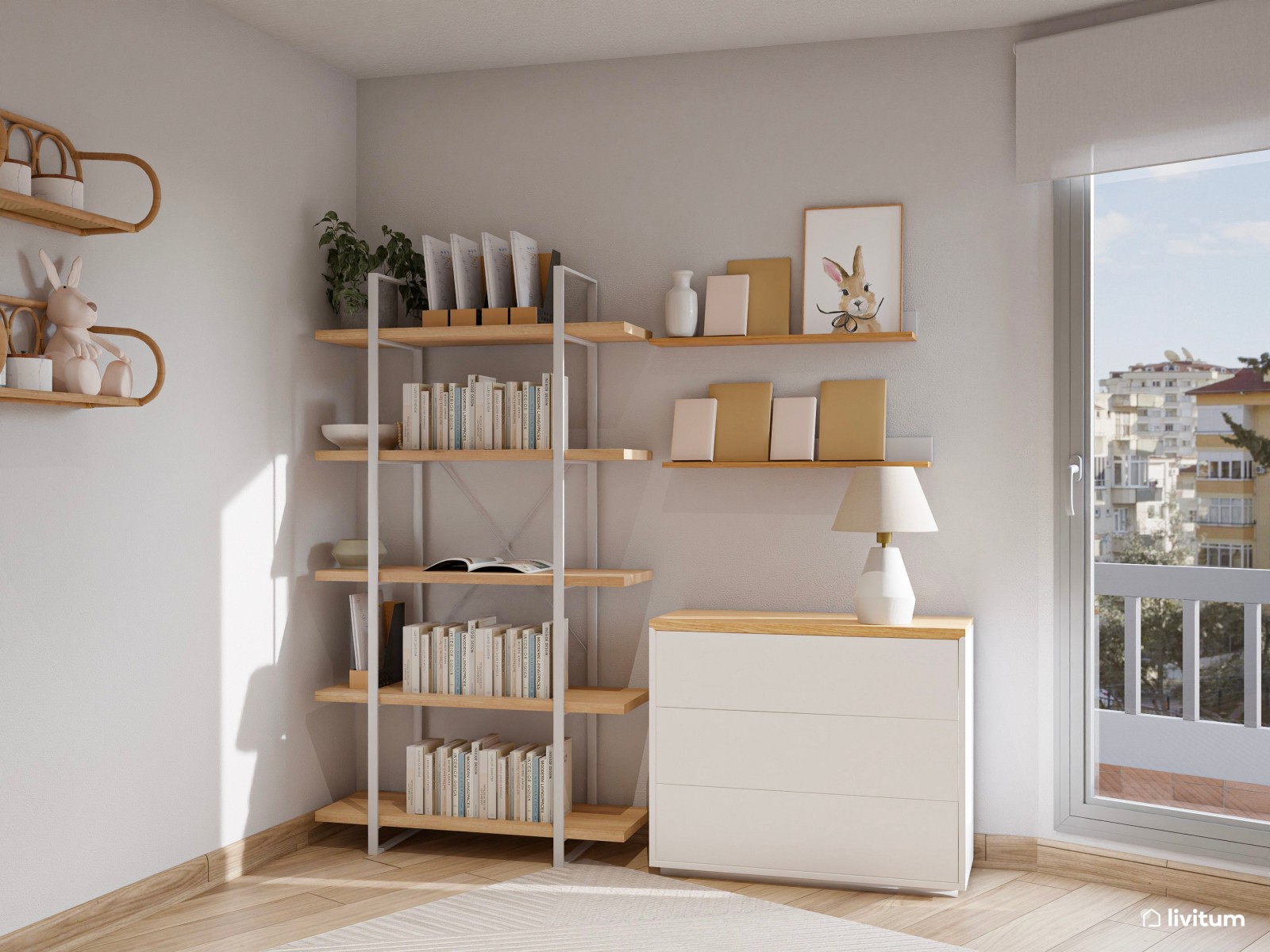 Oficina nórdica en planta irregular y muebles en tonos suaves