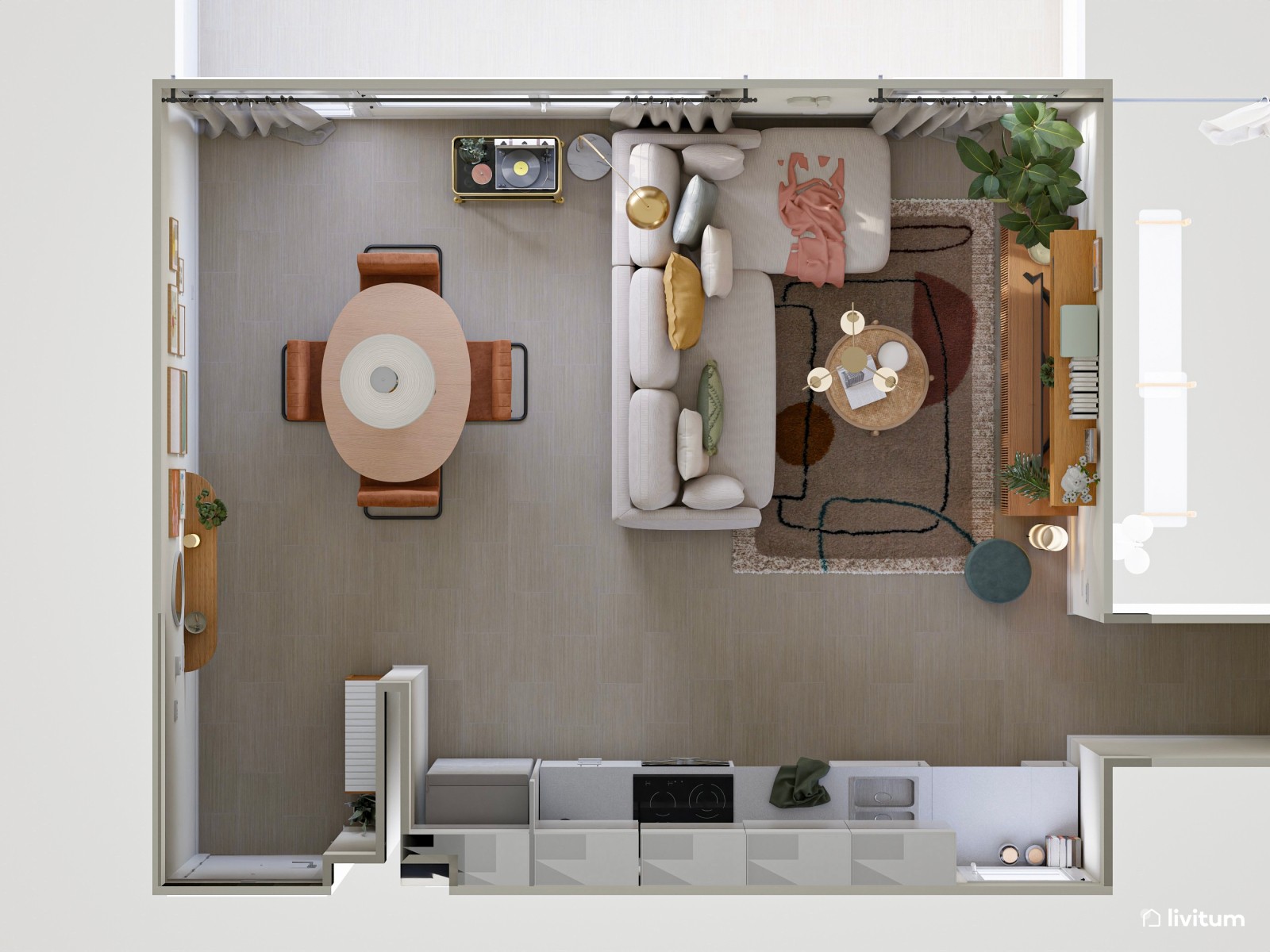 Original y colorido salón comedor de estilo ecléctico-moderno