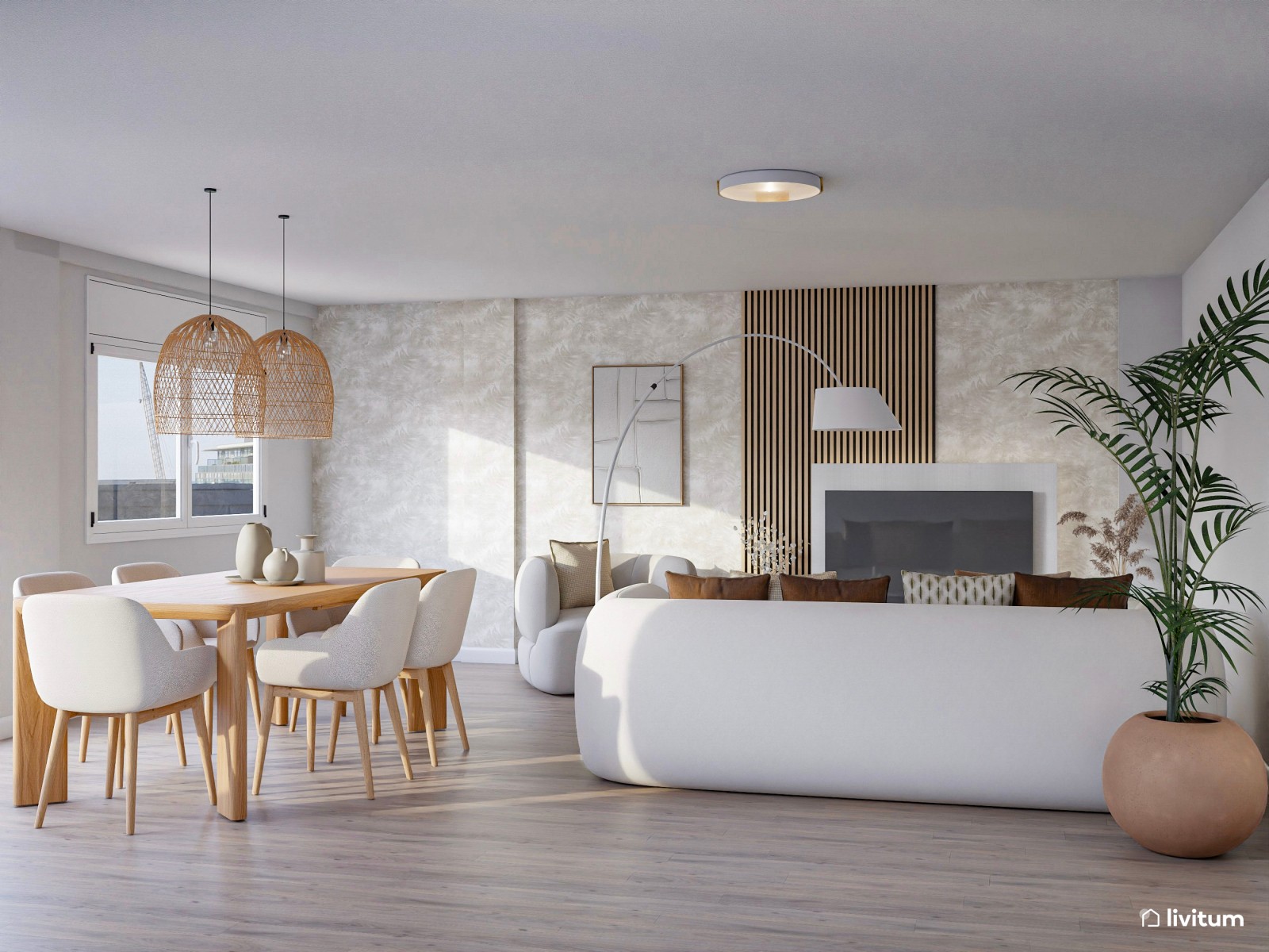 Papel pintado, toques de beige y luz natural dan vida a este acogedor salón