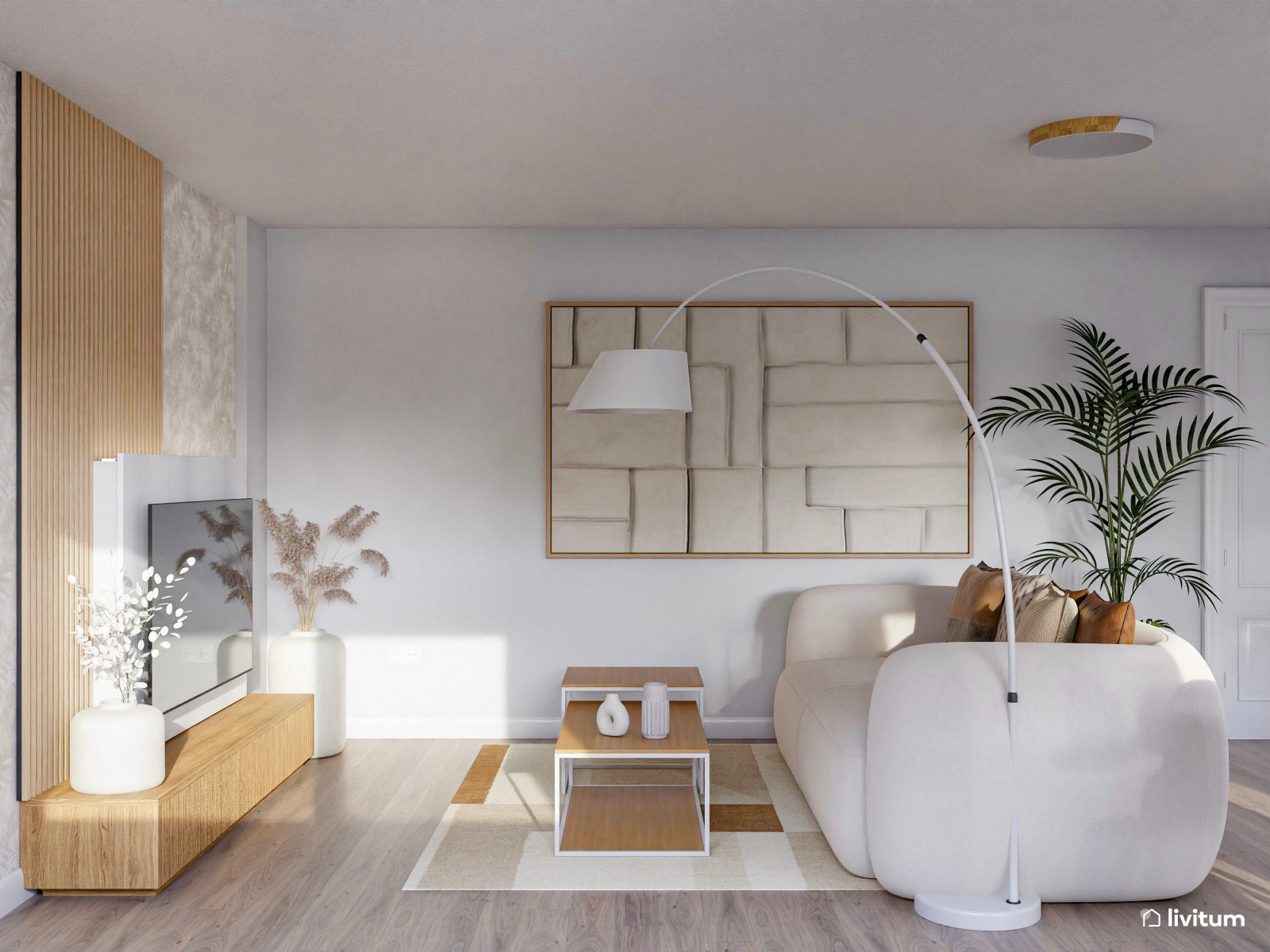 Papel pintado, toques de beige y luz natural dan vida a este acogedor salón