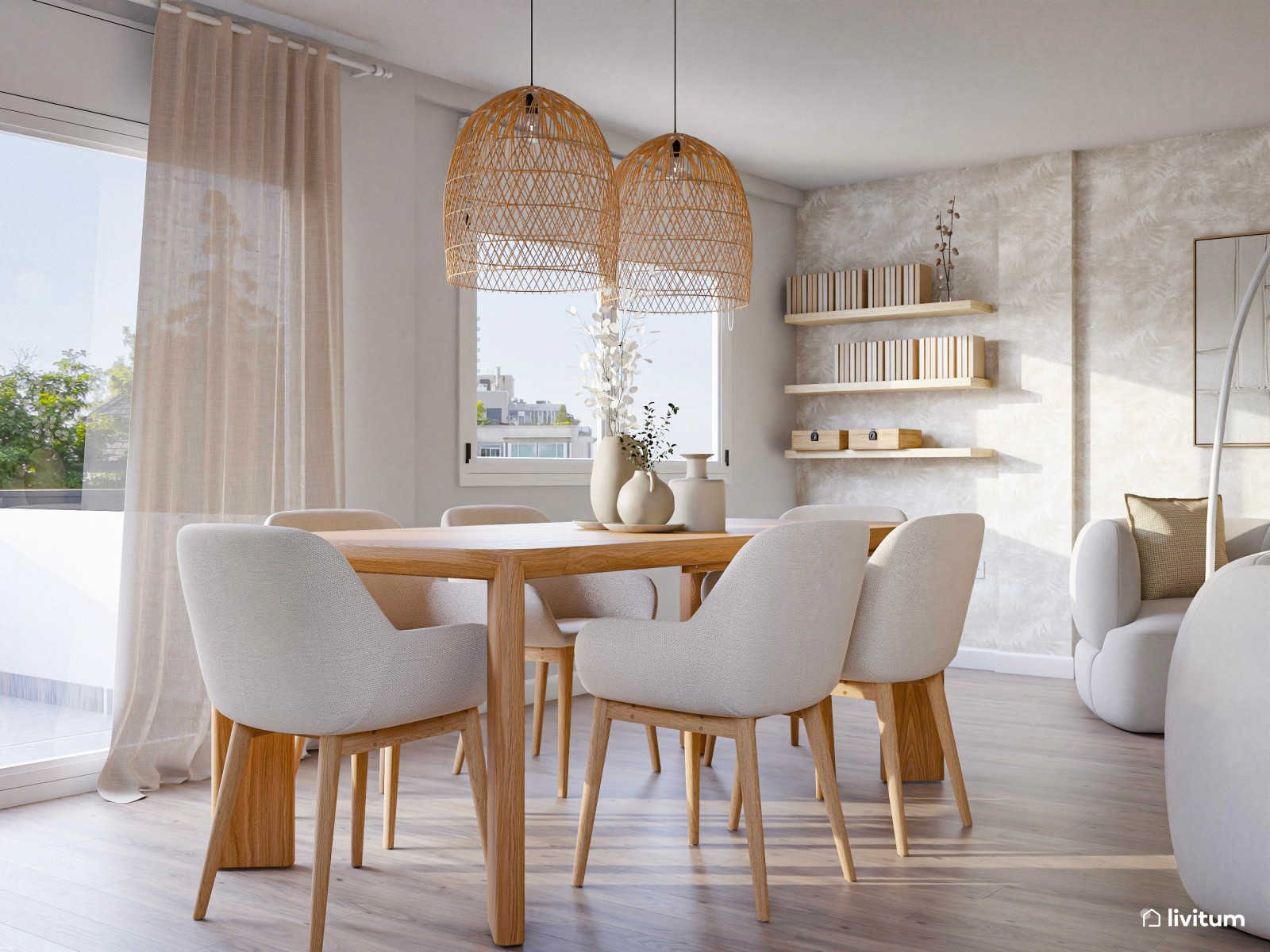 Papel pintado, toques de beige y luz natural dan vida a este acogedor salón