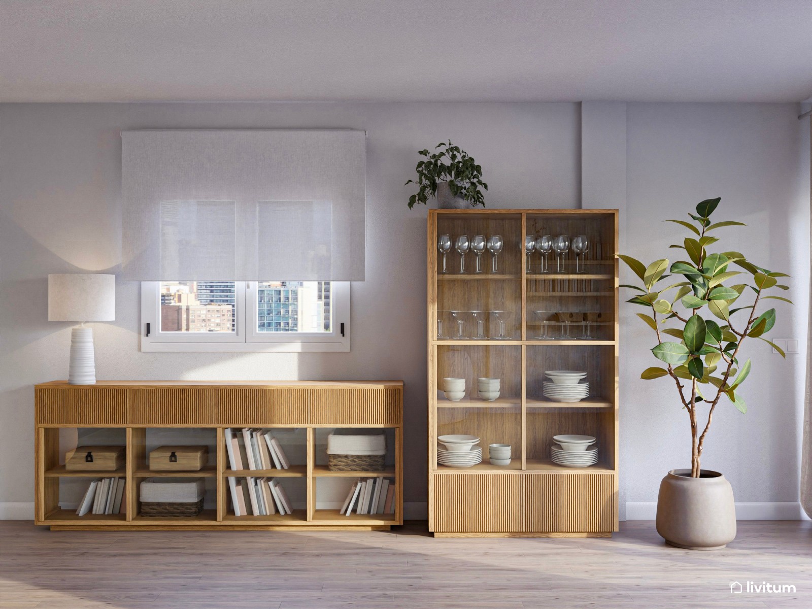 Papel pintado, toques de beige y luz natural dan vida a este acogedor salón