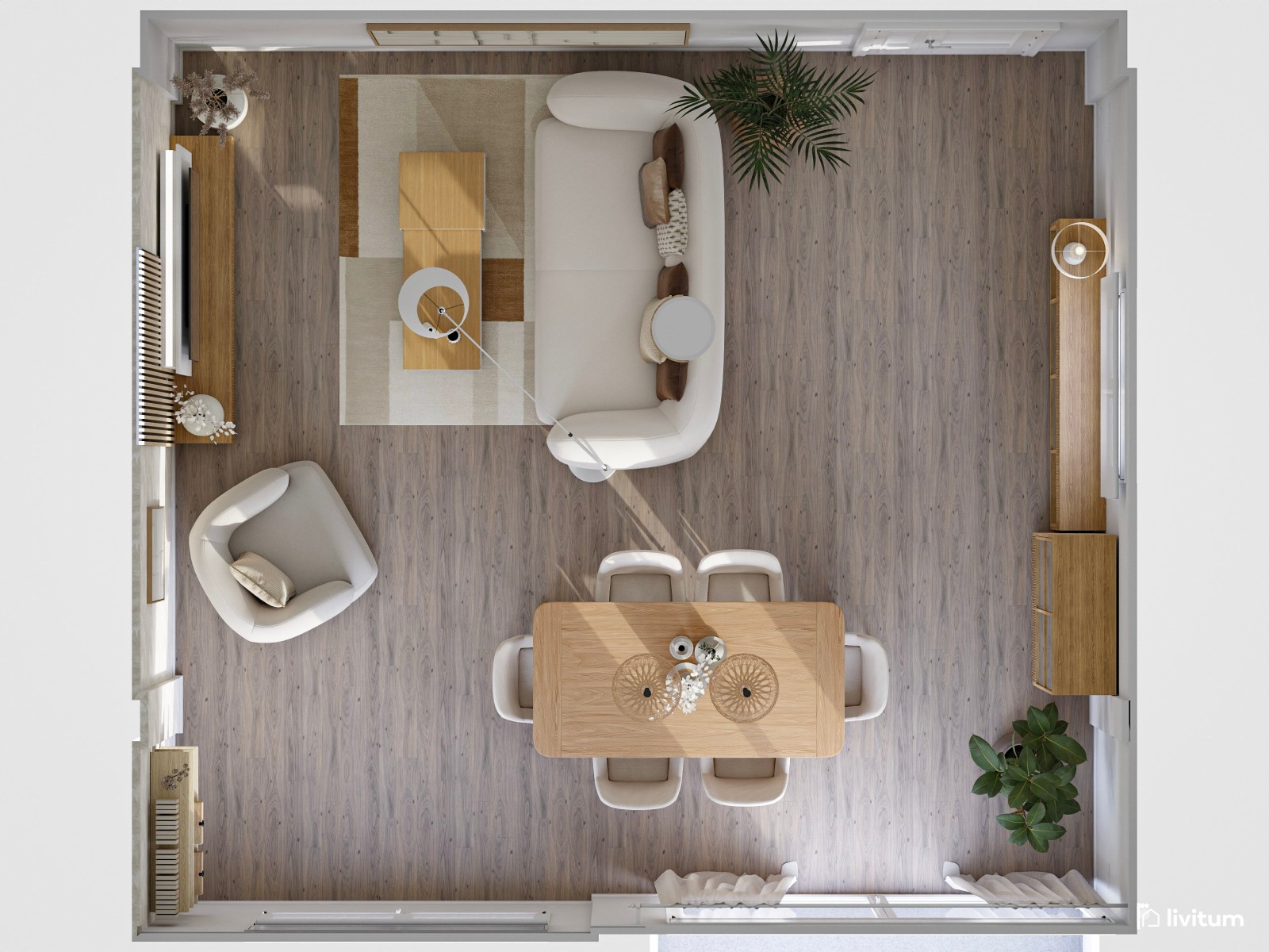 Papel pintado, toques de beige y luz natural dan vida a este acogedor salón