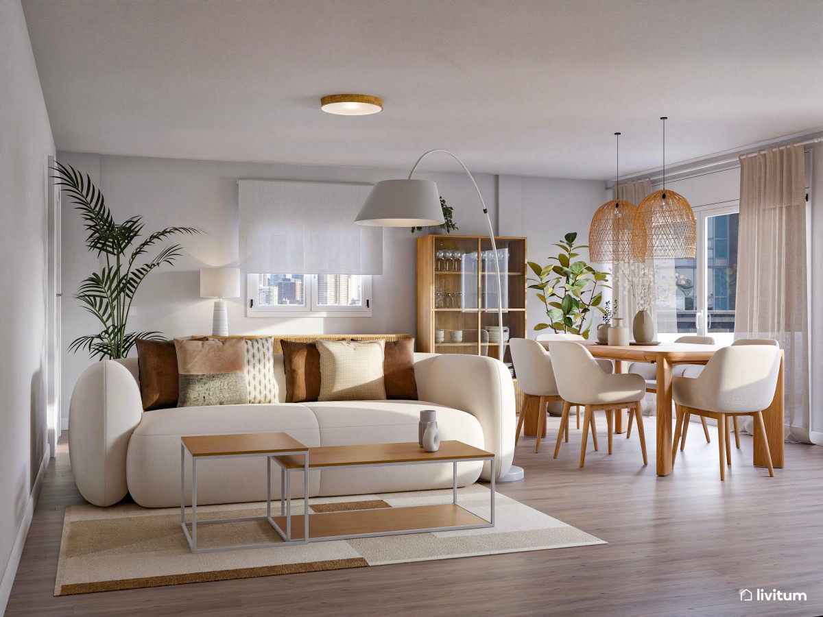 Papel pintado, toques de beige y luz natural dan vida a este acogedor salón