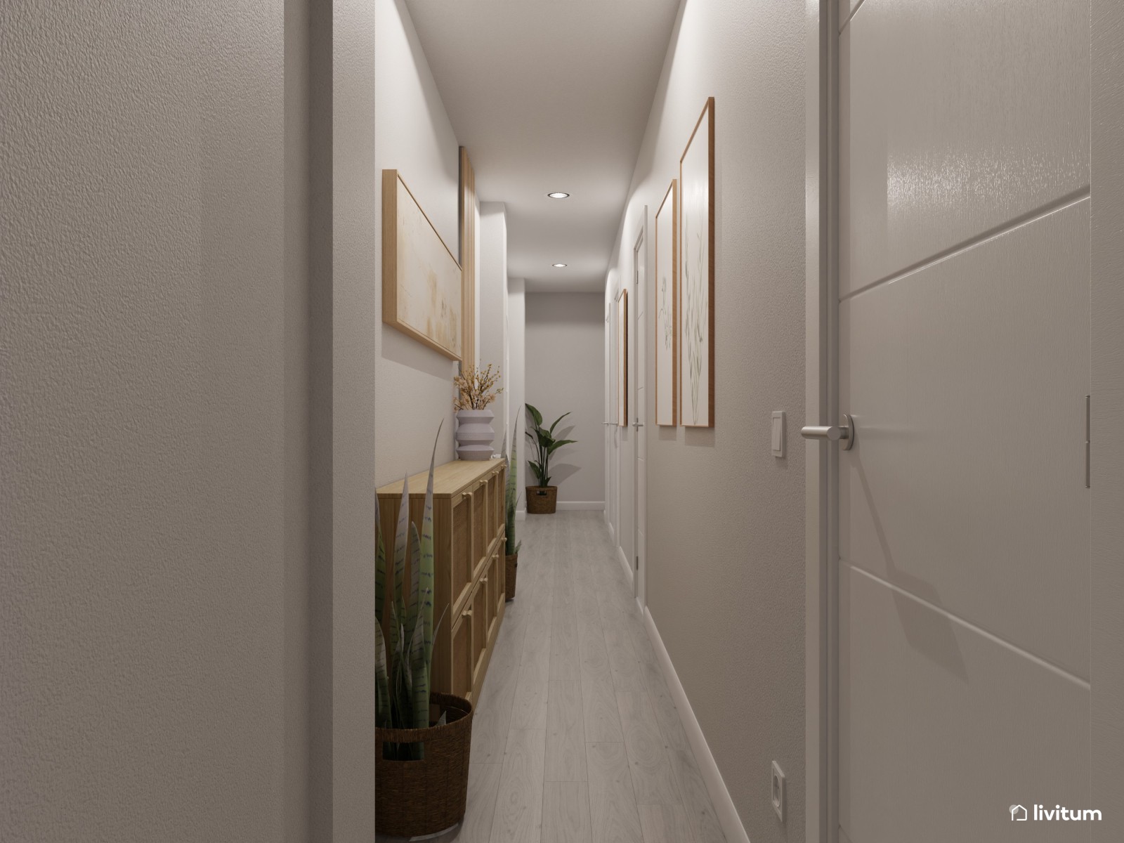 Pasillo estrecho y alargado con sutil y elegante decoración