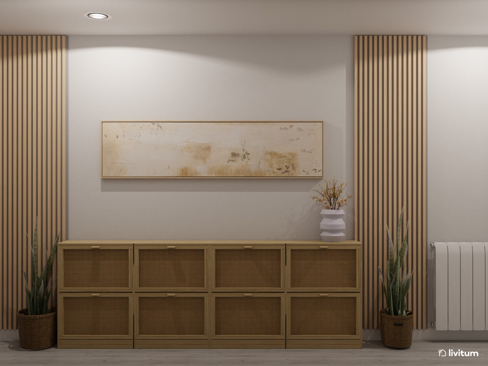 Pasillo estrecho y alargado con sutil y elegante decoración