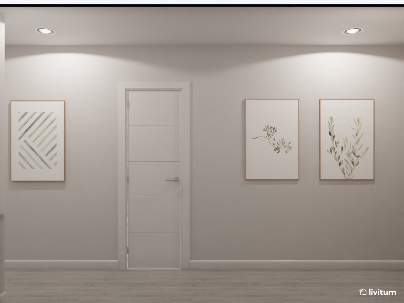 Pasillo estrecho y alargado con sutil y elegante decoración