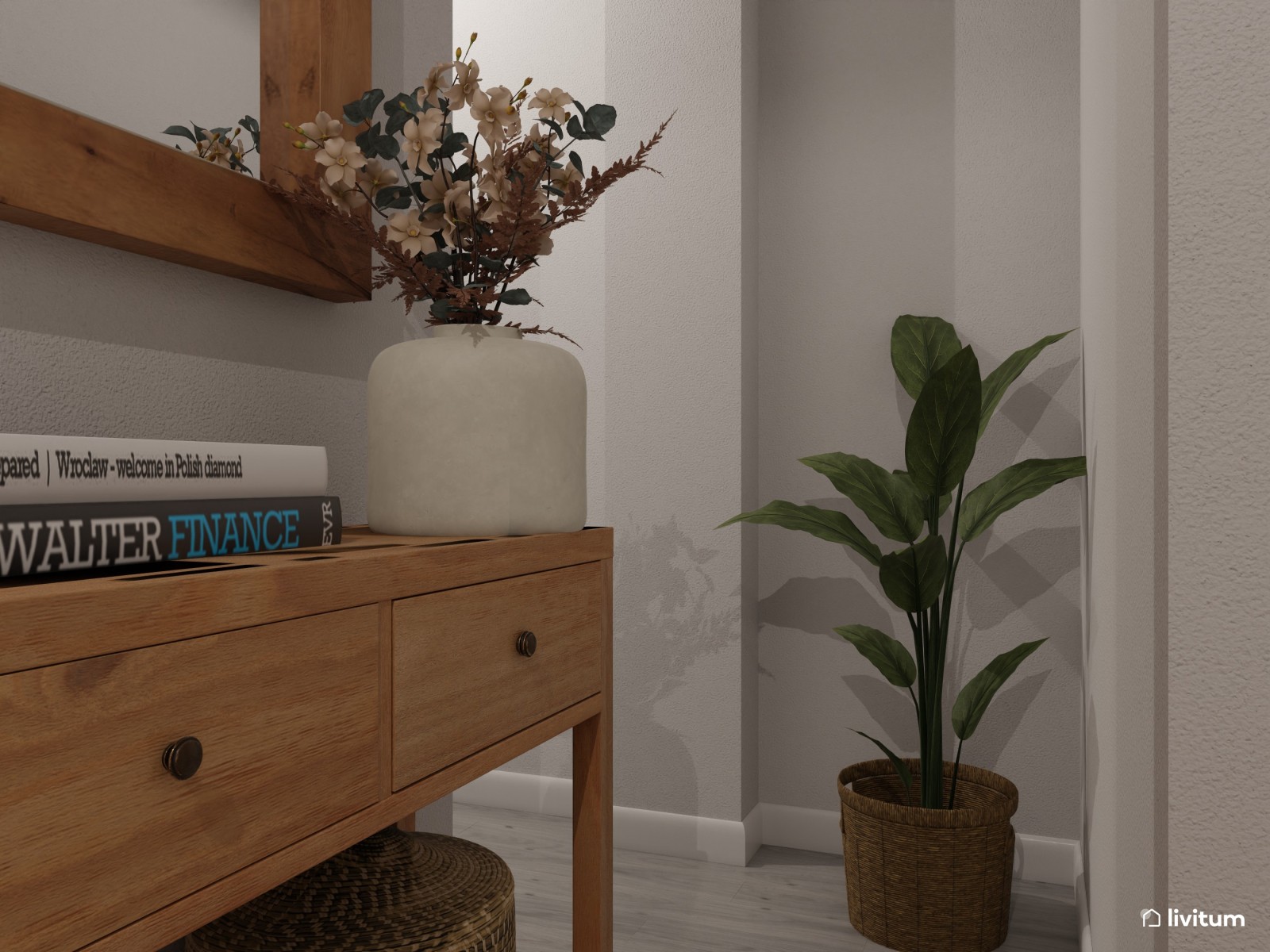 Pasillo estrecho y alargado con sutil y elegante decoración
