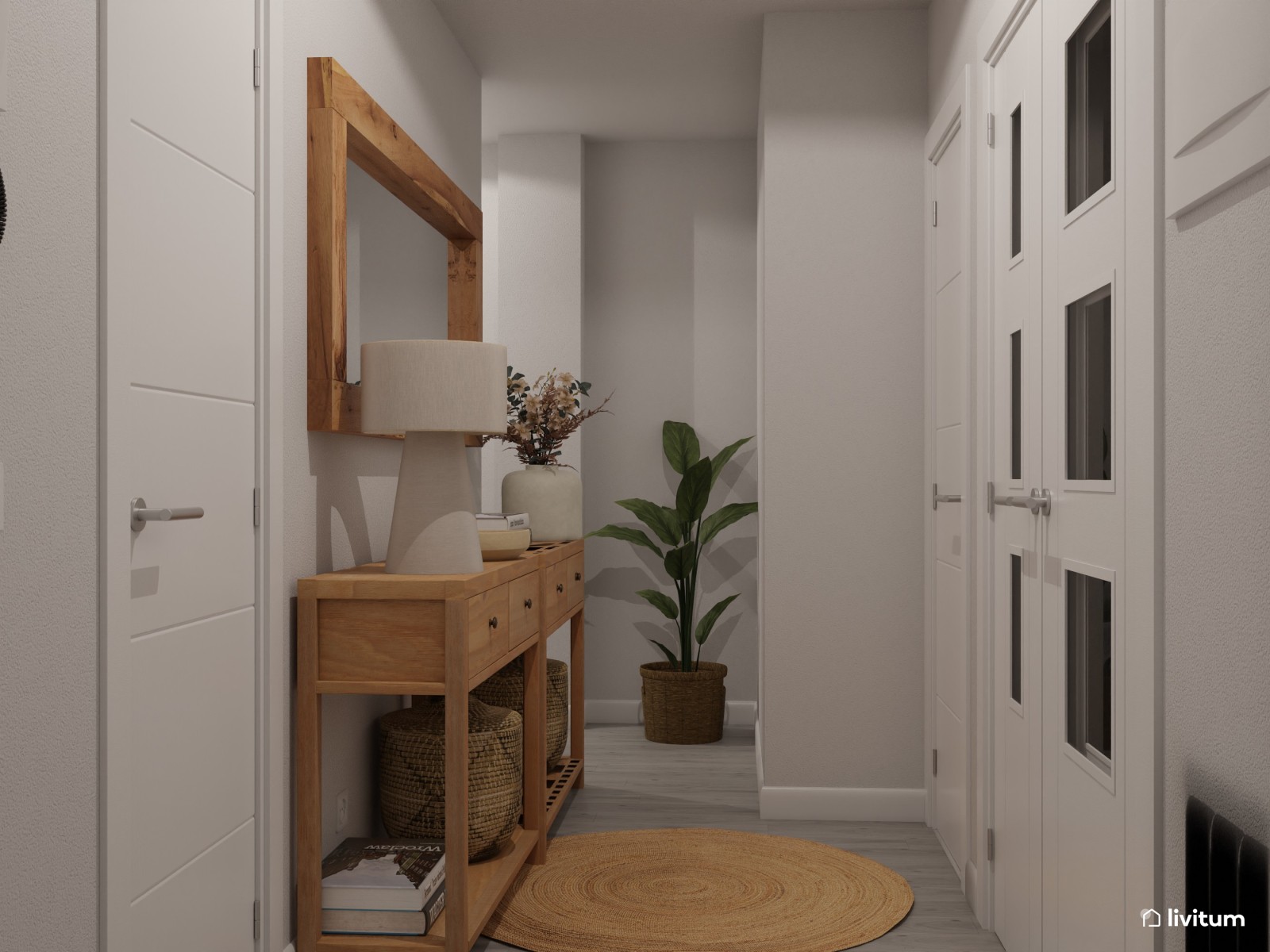 Pasillo estrecho y alargado con sutil y elegante decoración