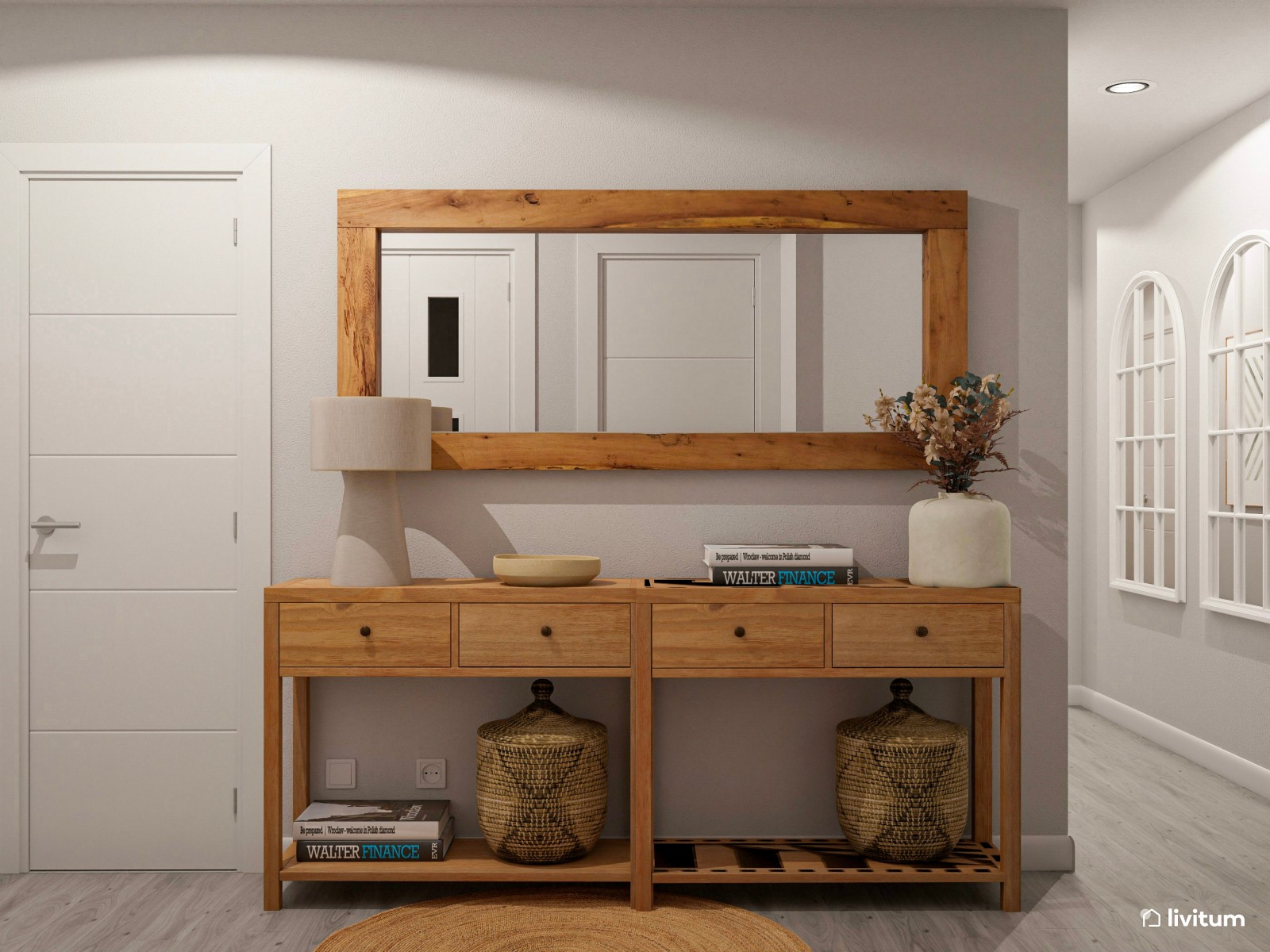 Pasillo estrecho y alargado con sutil y elegante decoración