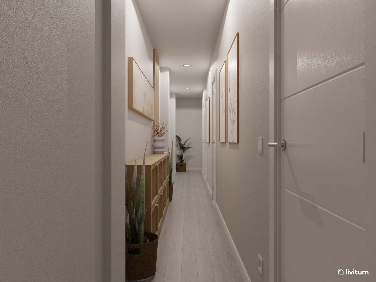 Pasillo estrecho y alargado con sutil y elegante decoración