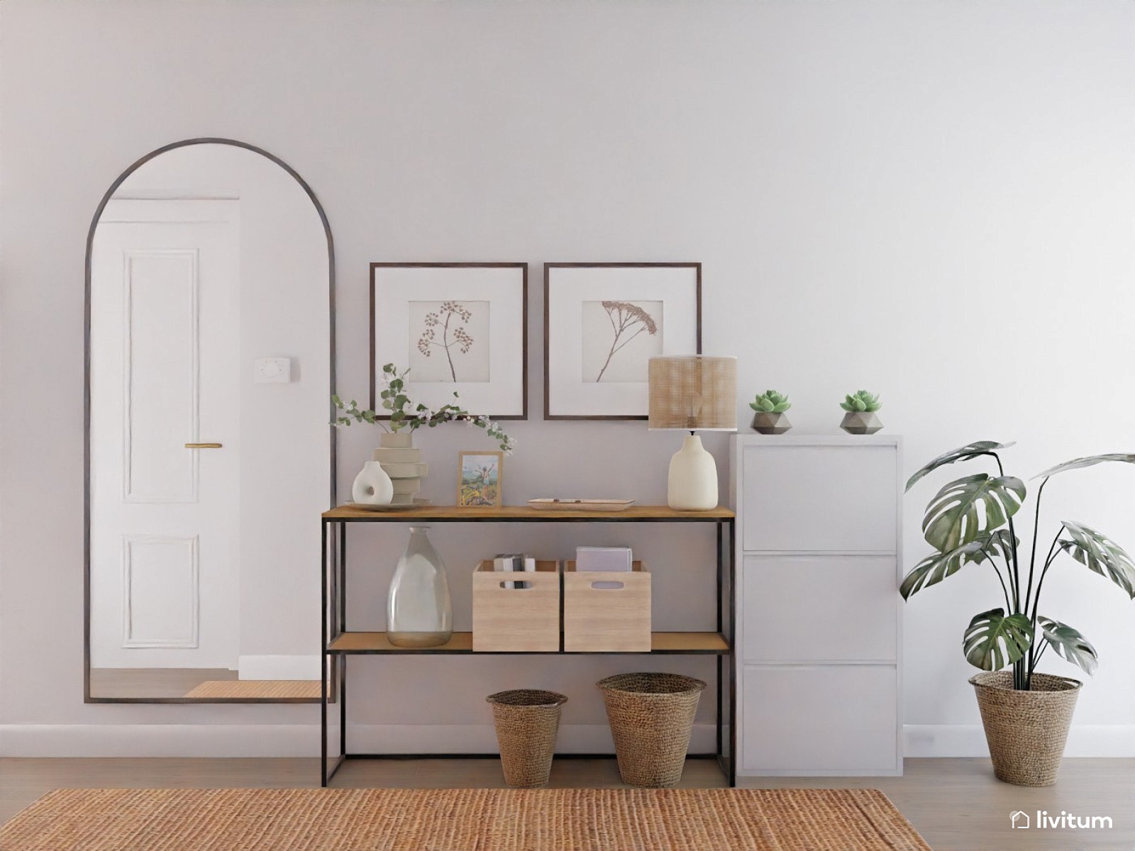 Perchero de mesa de consola y espejo en la pared beige en el pasillo diseño  de interiores