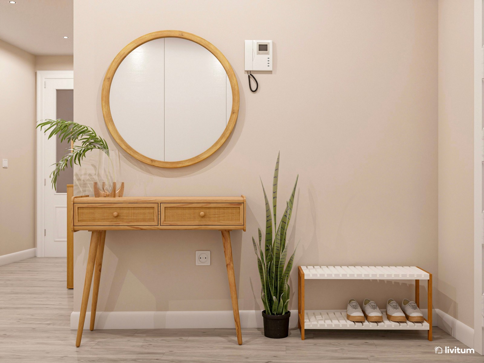 Pasillo y recibidor nórdico con mucha madera y fibras naturales