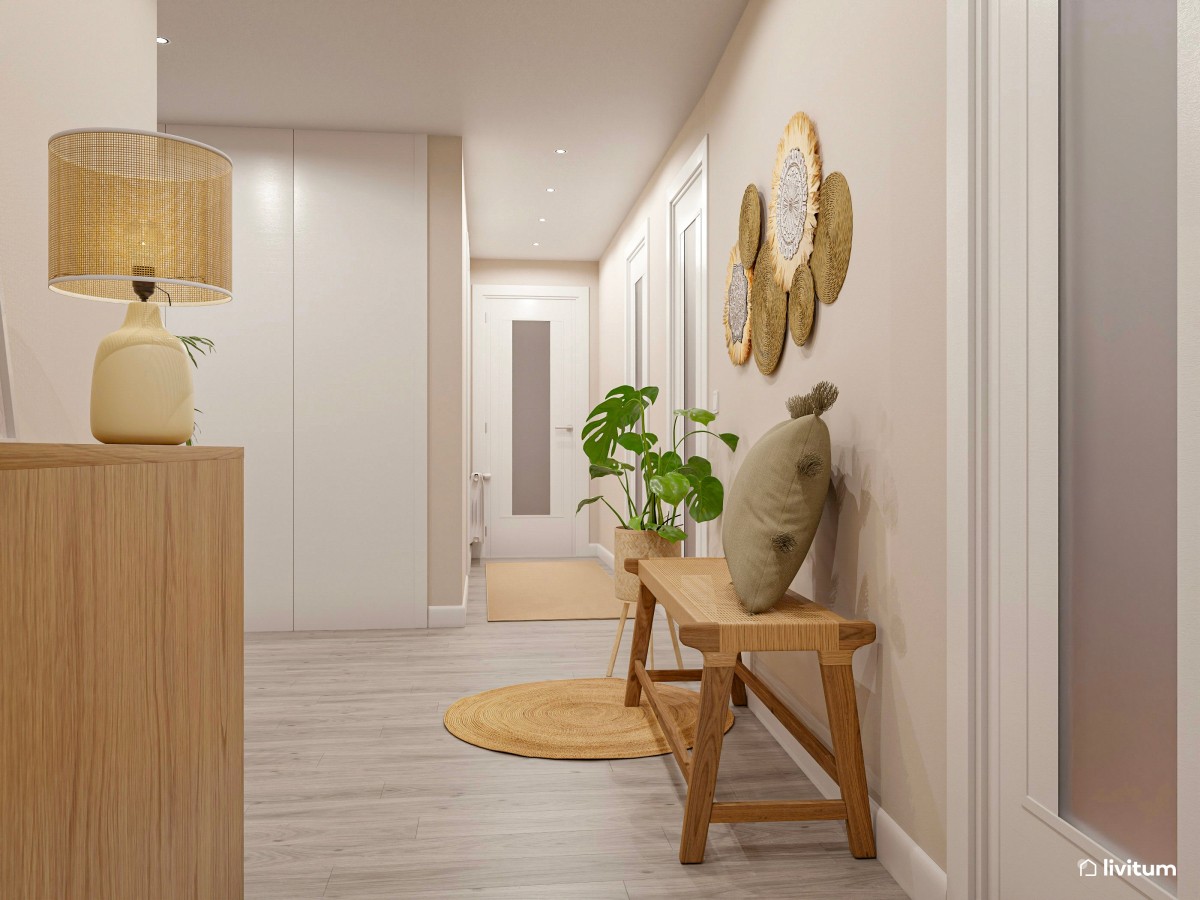 Pasillo y recibidor nórdico con mucha madera y fibras naturales