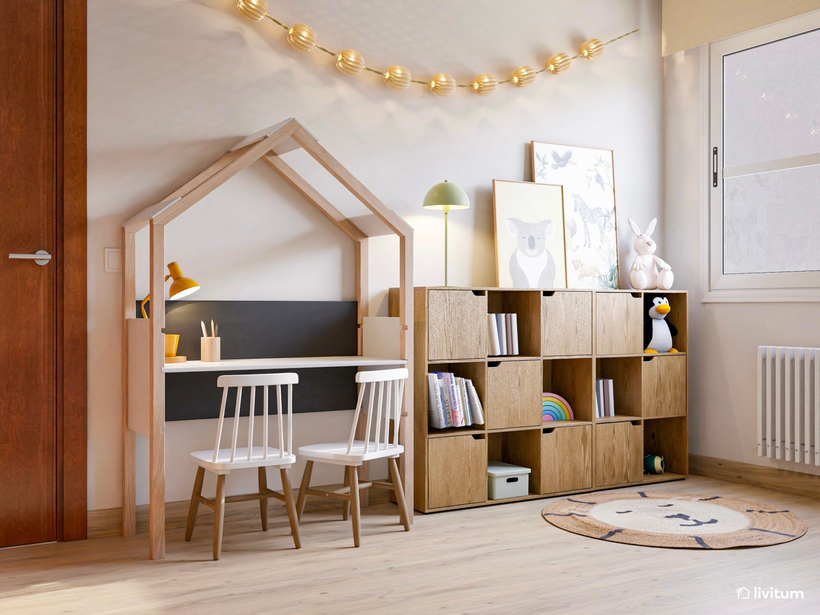 Pequeña habitación infantil con litera para tres 