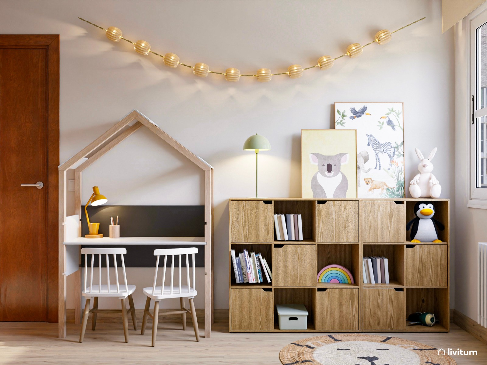 Pequeña habitación infantil con litera para tres 