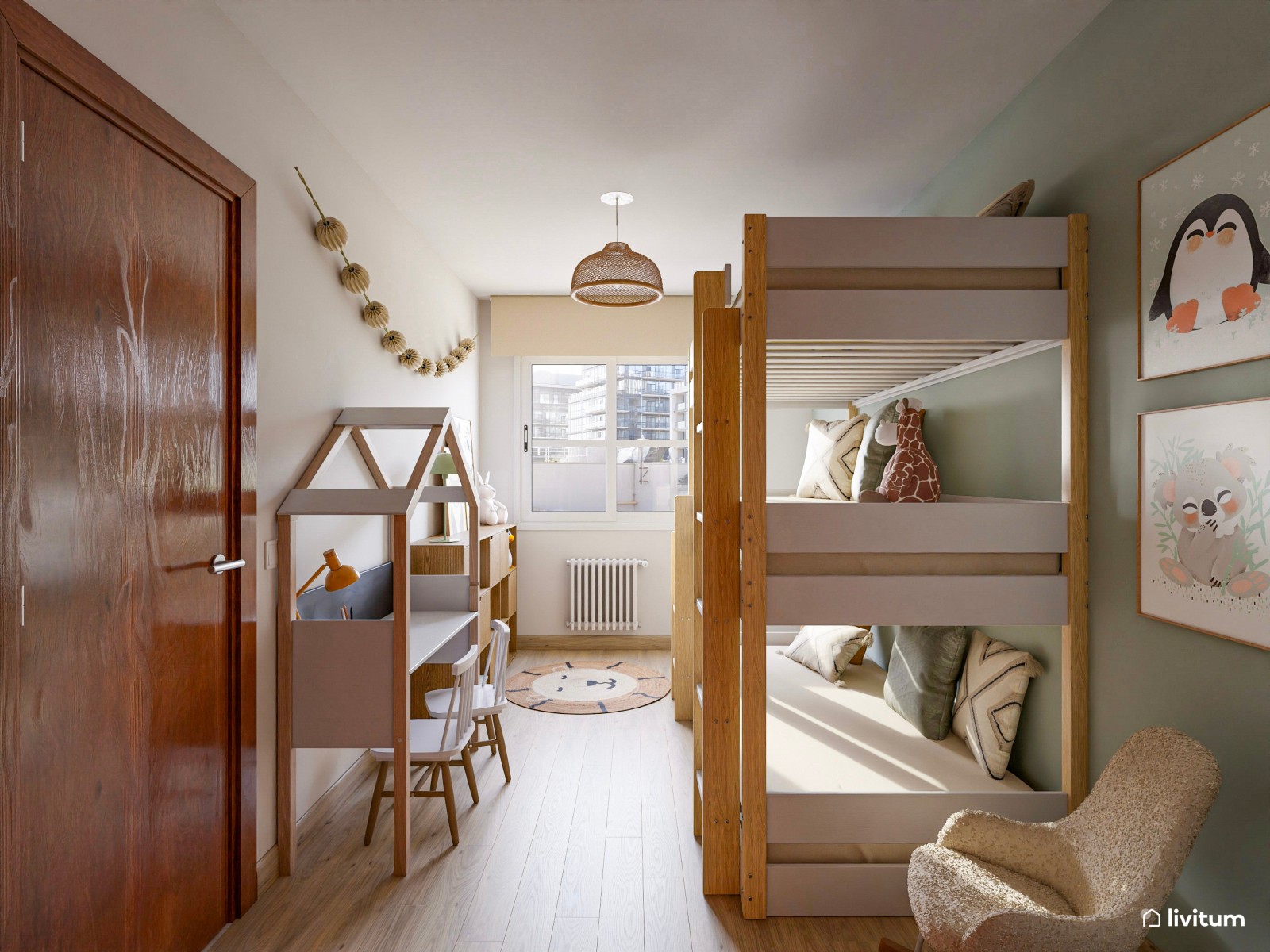 Pequeña habitación infantil con litera para tres 