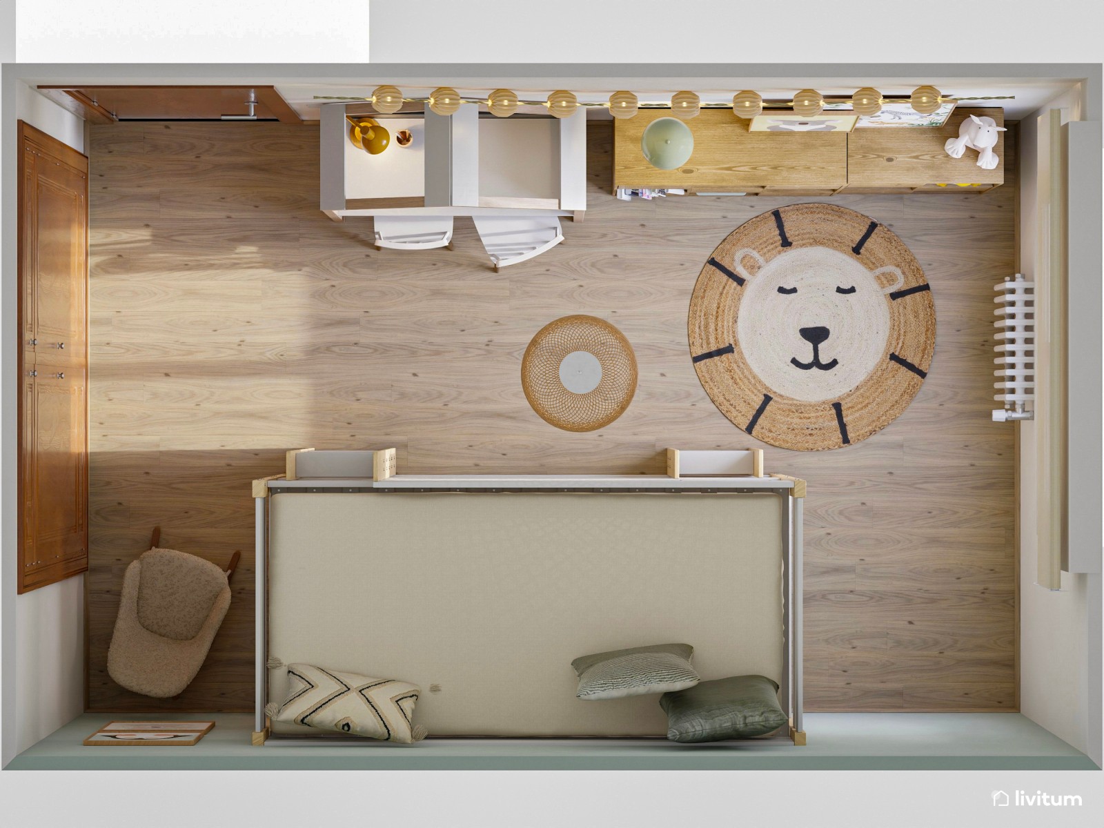 Pequeña habitación infantil con litera para tres 