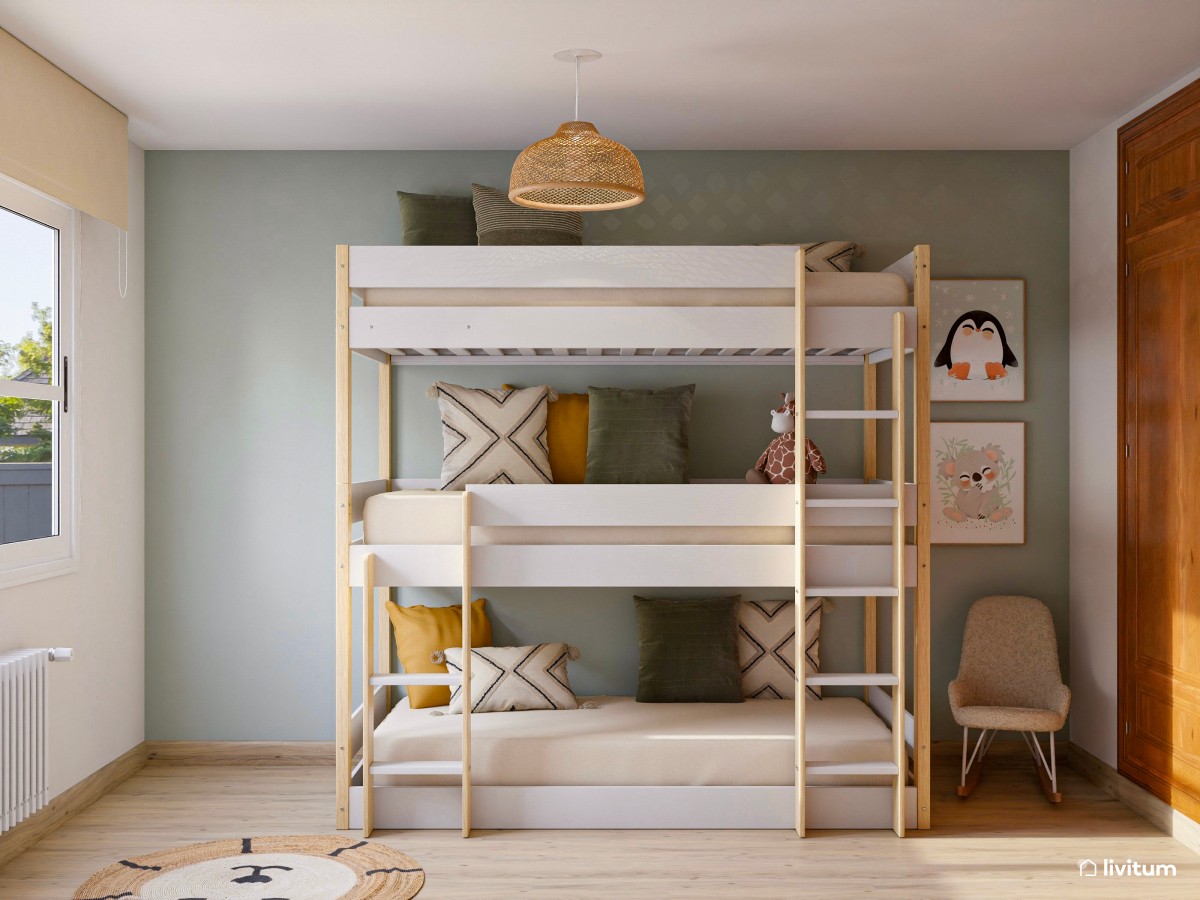 Pequeña habitación infantil con litera para tres