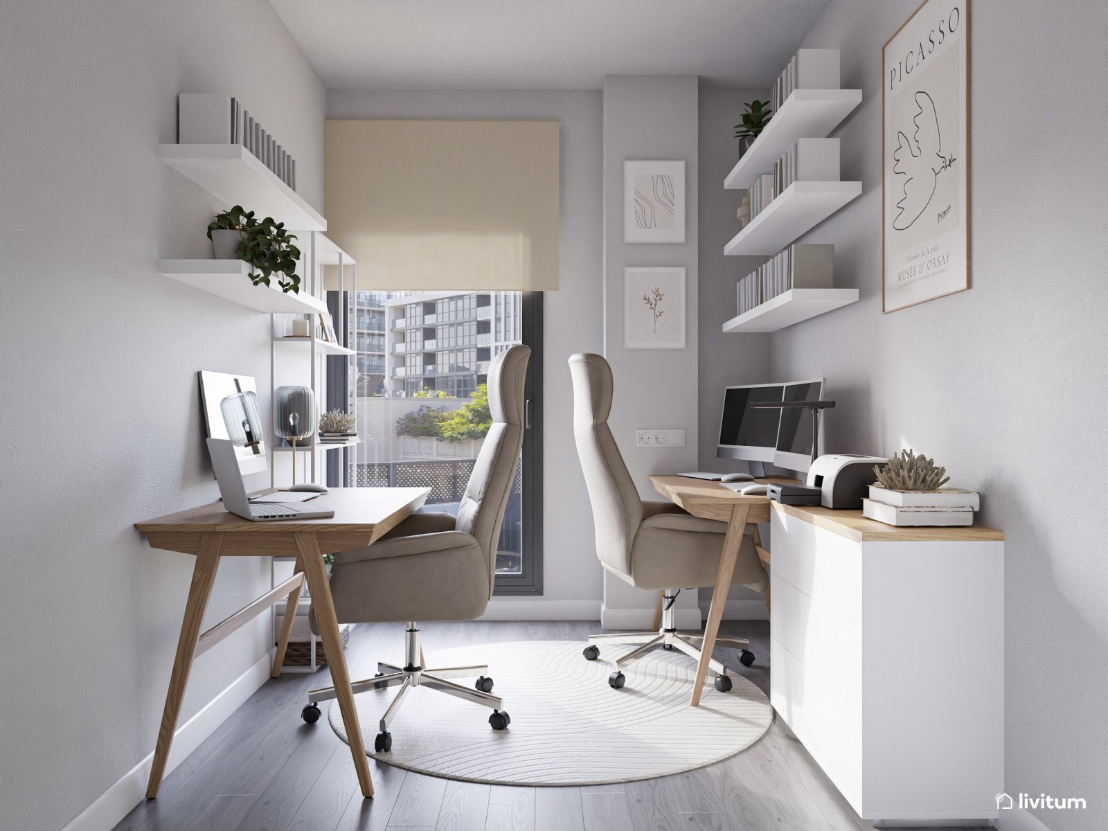 Pequeño despacho con dos escritorios en gris y blanco