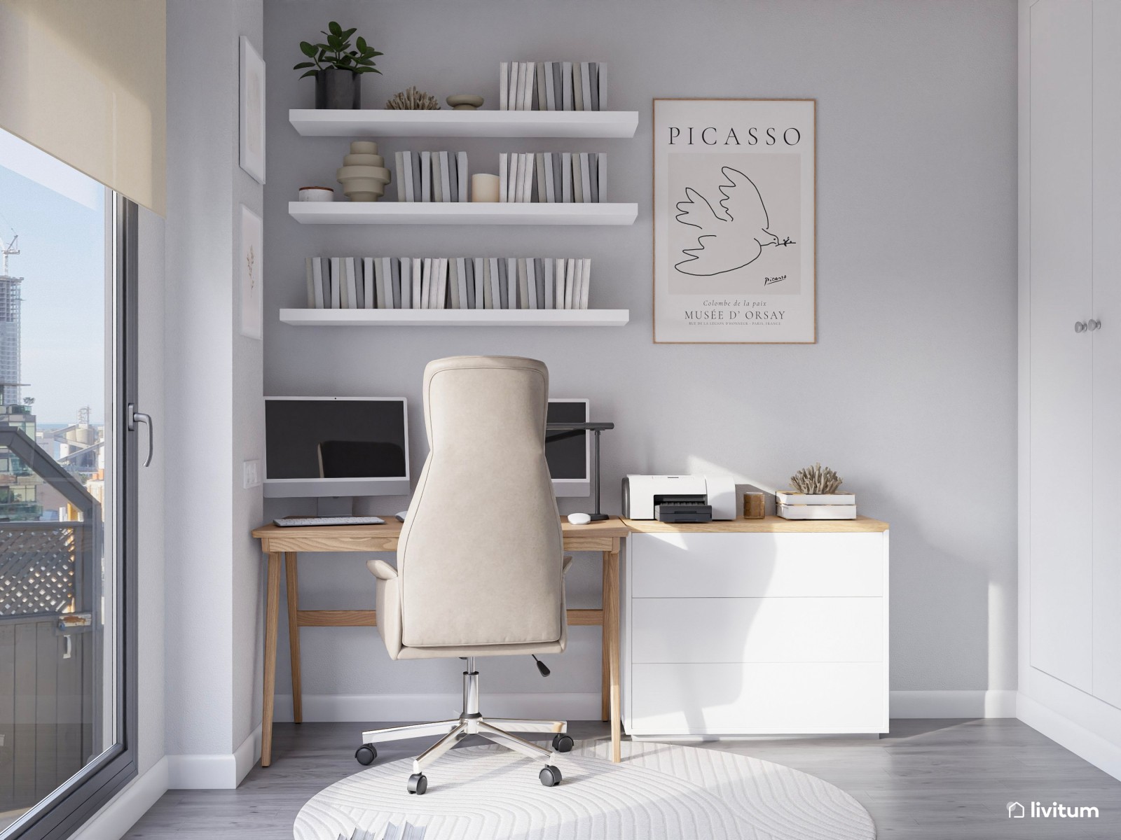 Pequeño despacho con dos escritorios en gris y blanco