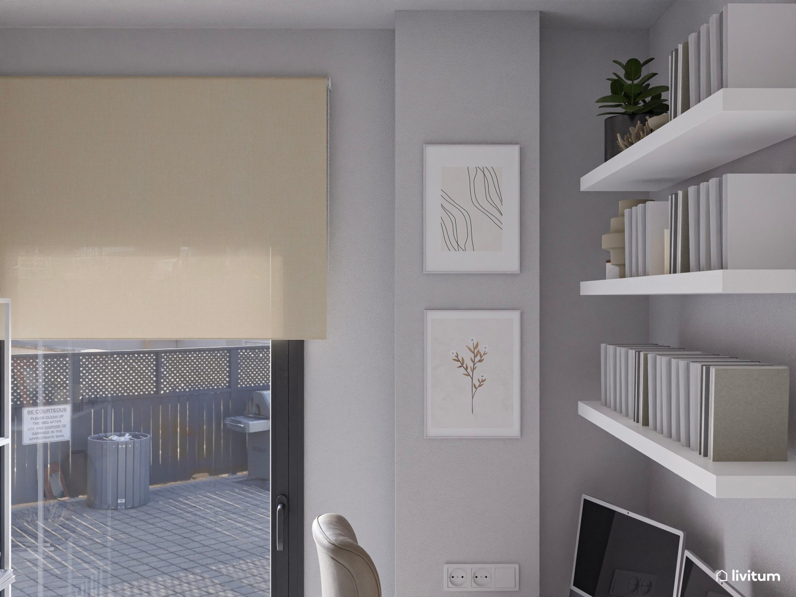 Pequeño despacho con dos escritorios en gris y blanco