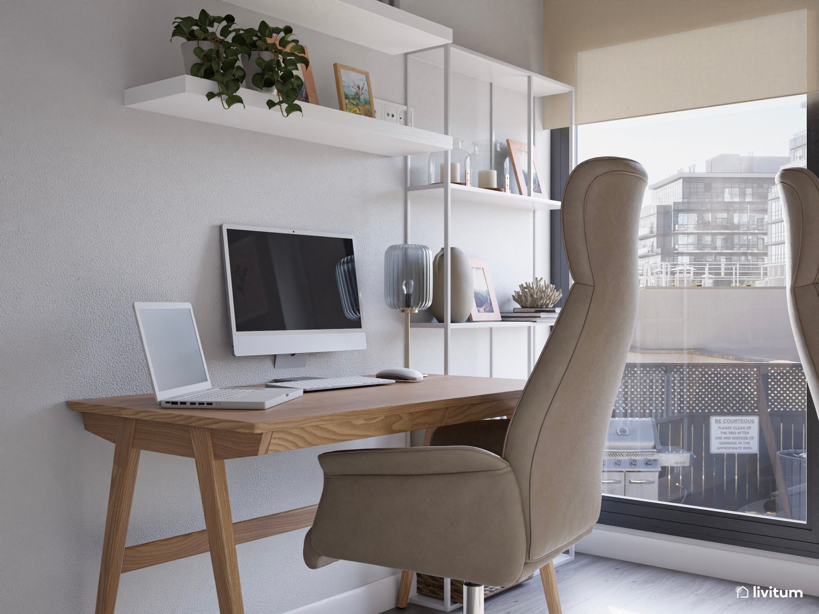 Pequeño despacho con dos escritorios en gris y blanco