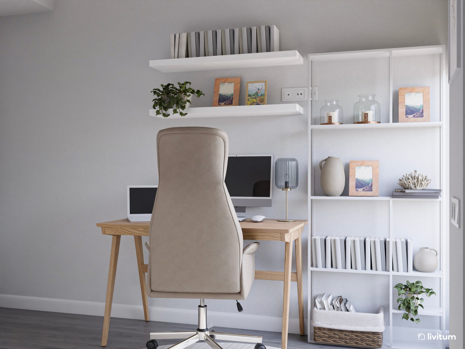 Pequeño despacho con dos escritorios en gris y blanco