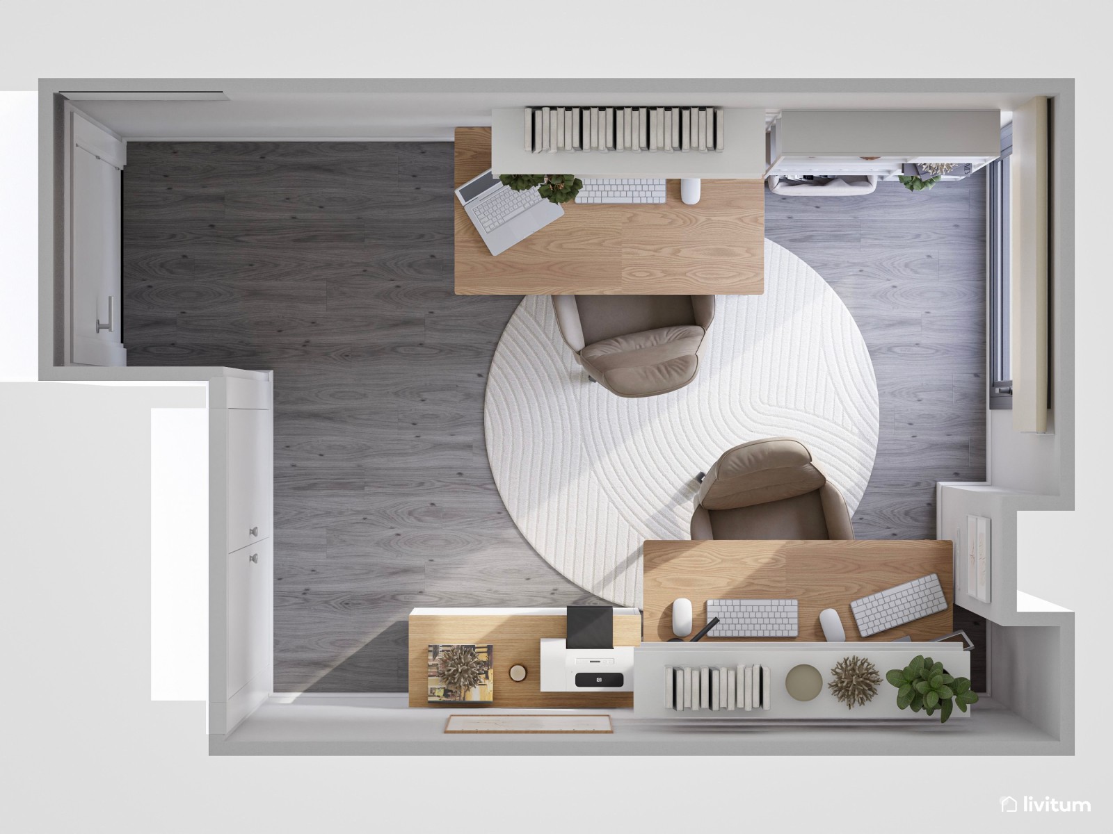 Pequeño despacho con dos escritorios en gris y blanco