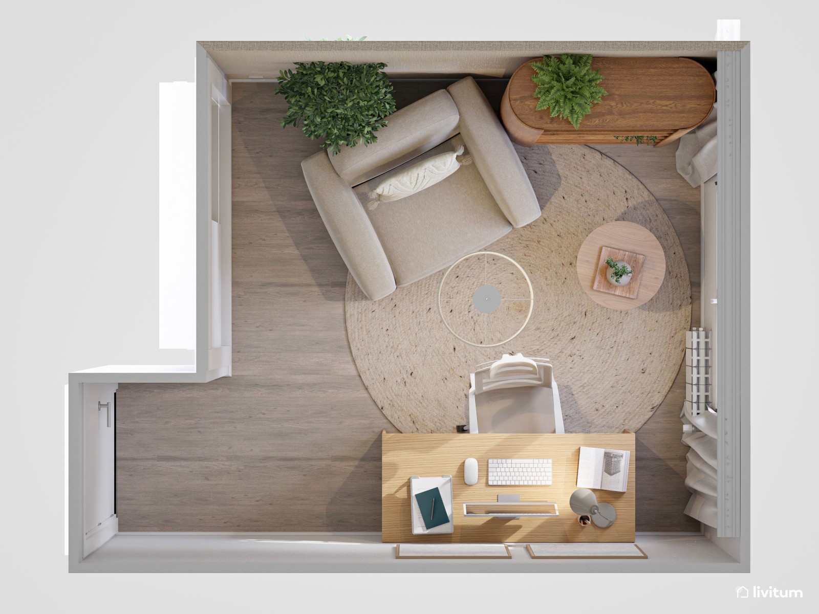 Pequeño despacho de estilo nórdico con cómoda butaca