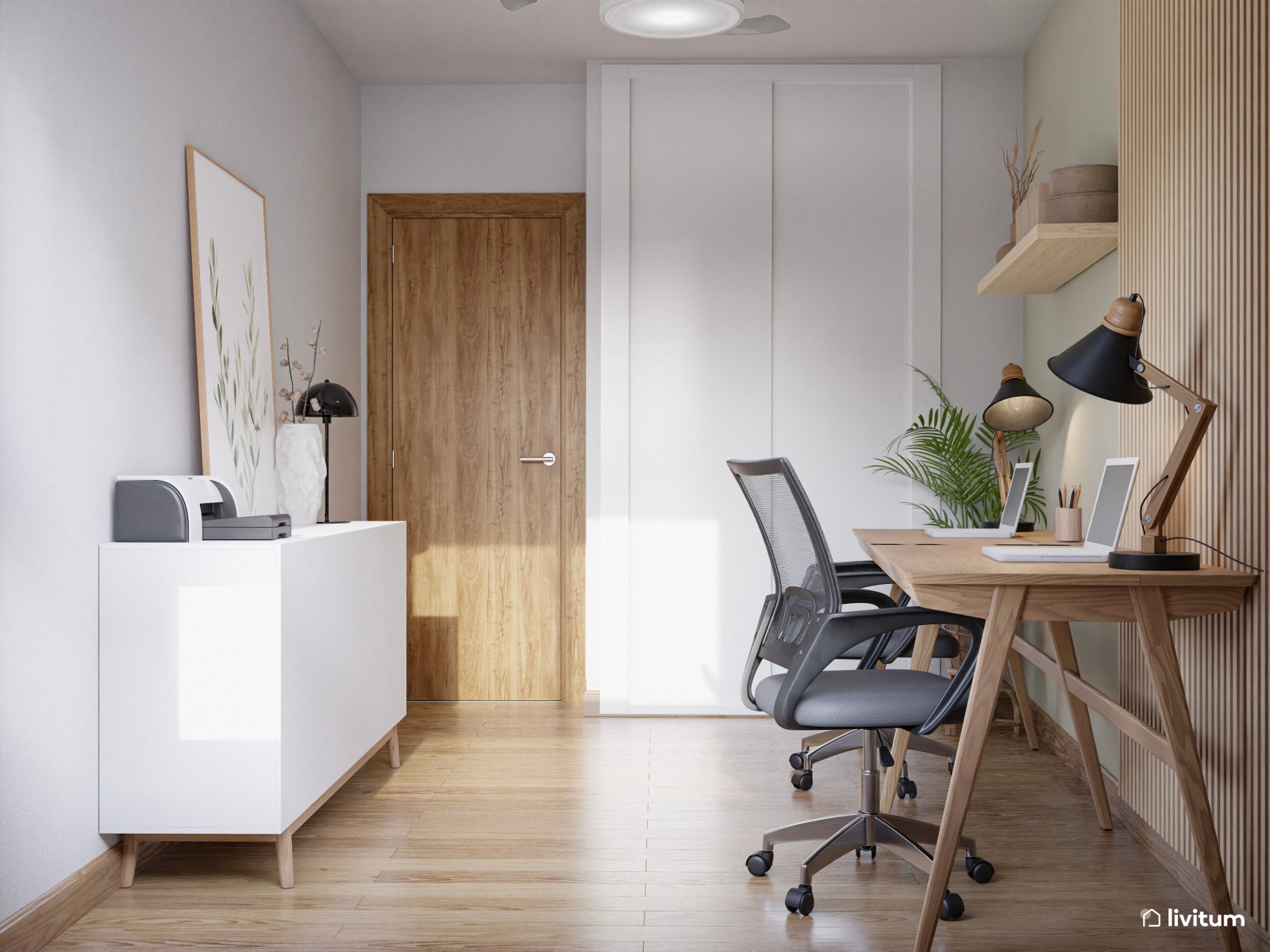 Pequeño despacho doble de 8 m² con mucha madera y detalles en negro