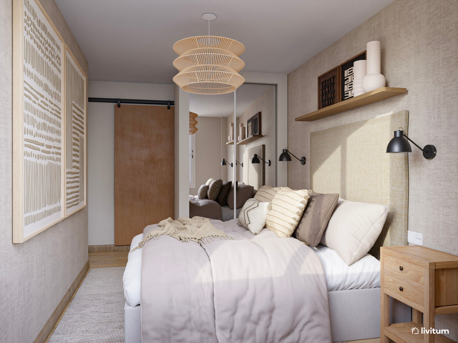 Pequeño dormitorio de estilo rústico moderno con detalles únicos