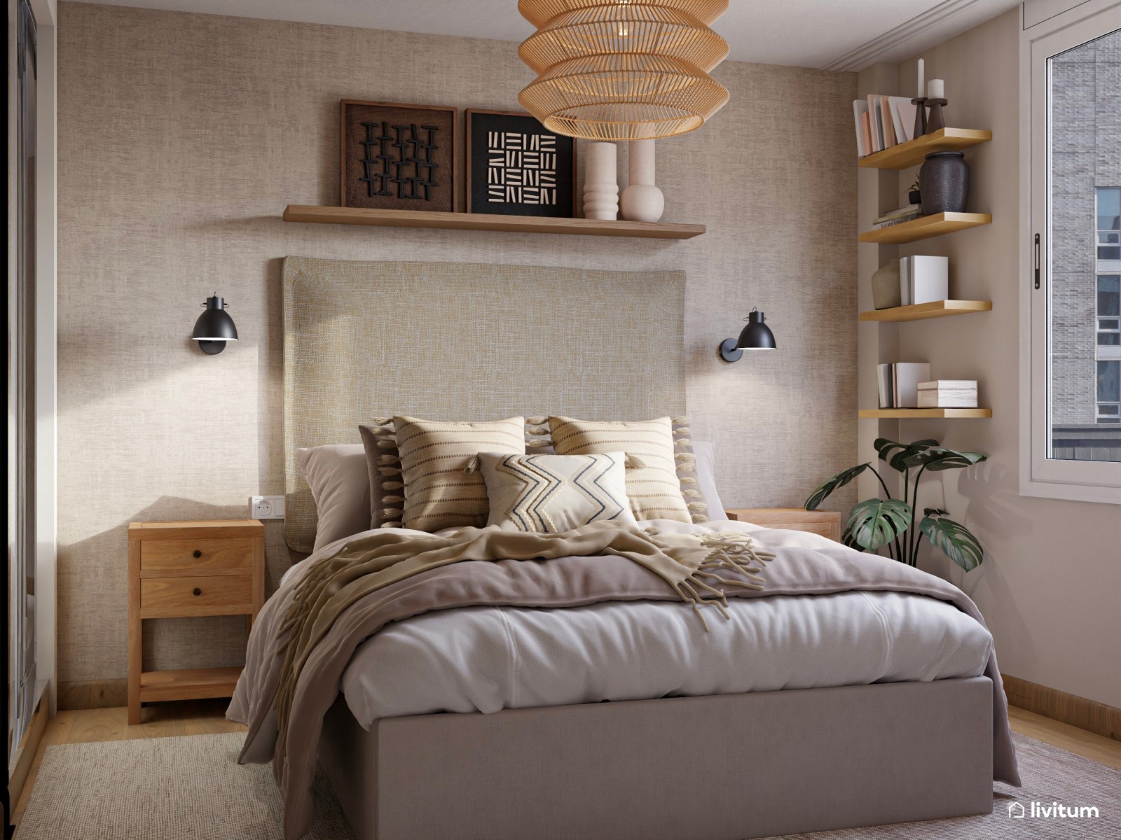 Pequeño dormitorio de estilo rústico moderno con detalles únicos