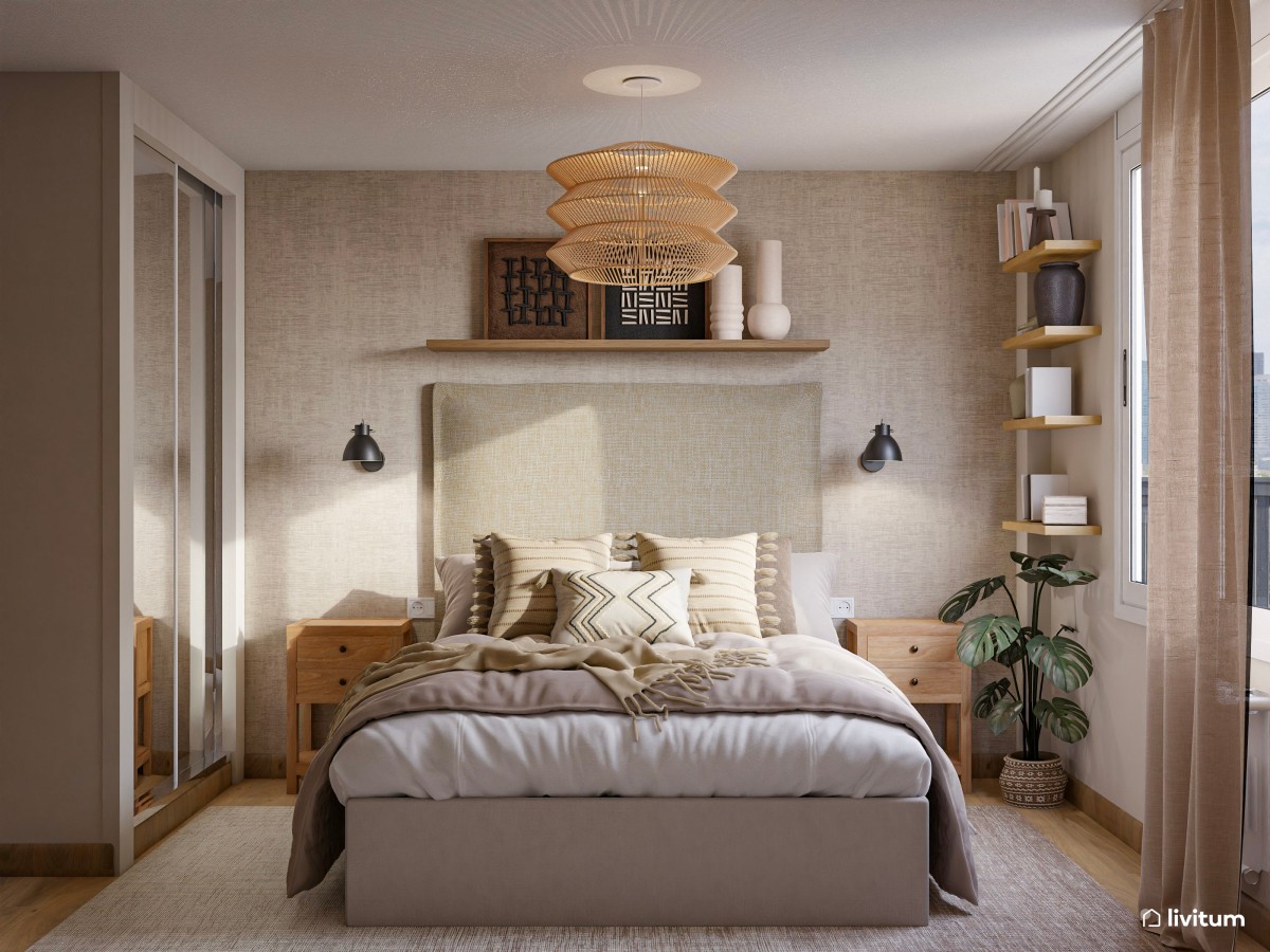 Pequeño dormitorio de estilo rústico moderno con detalles únicos