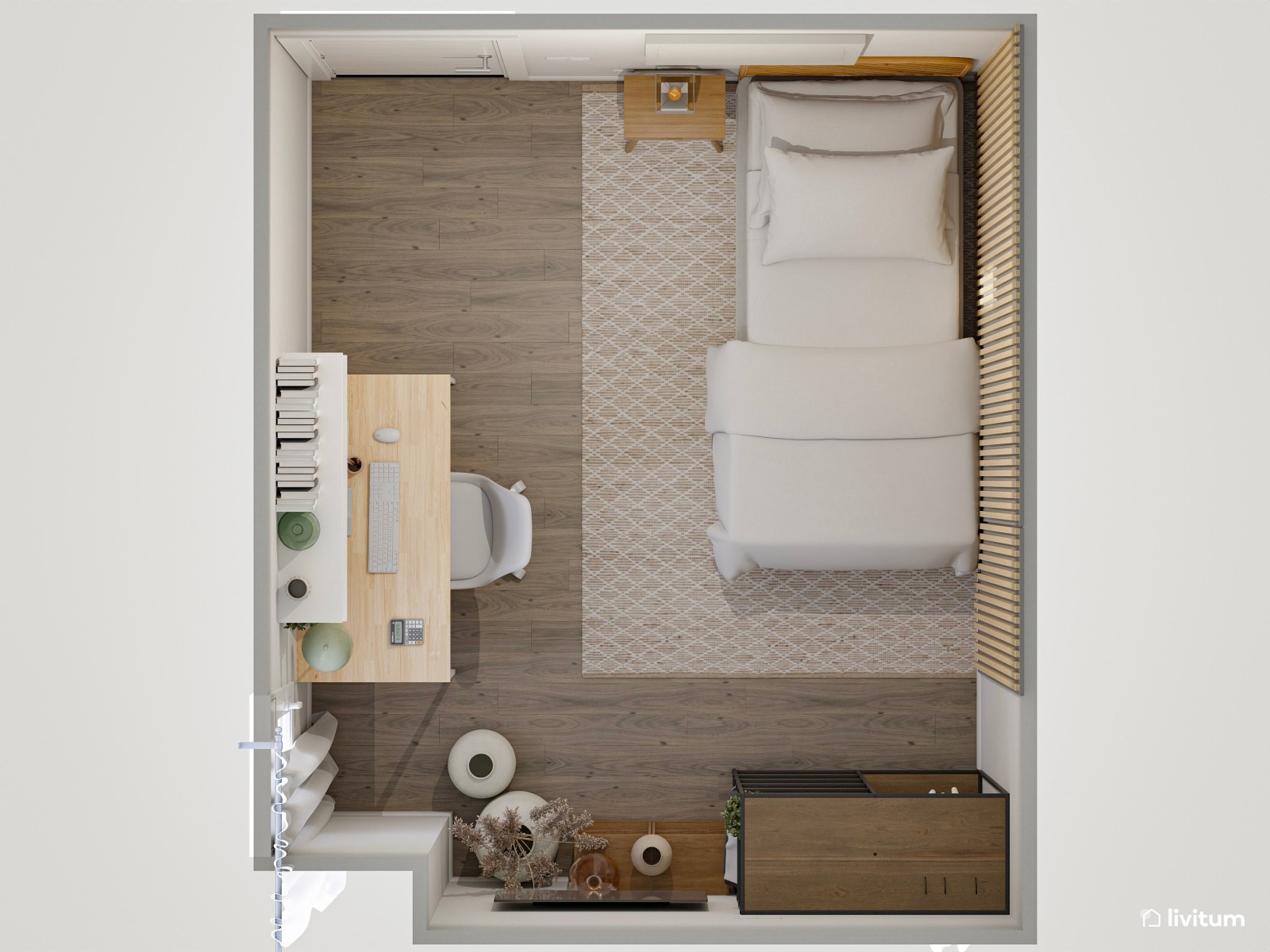 Pequeño dormitorio individual con escritorio de tan solo 8 m²