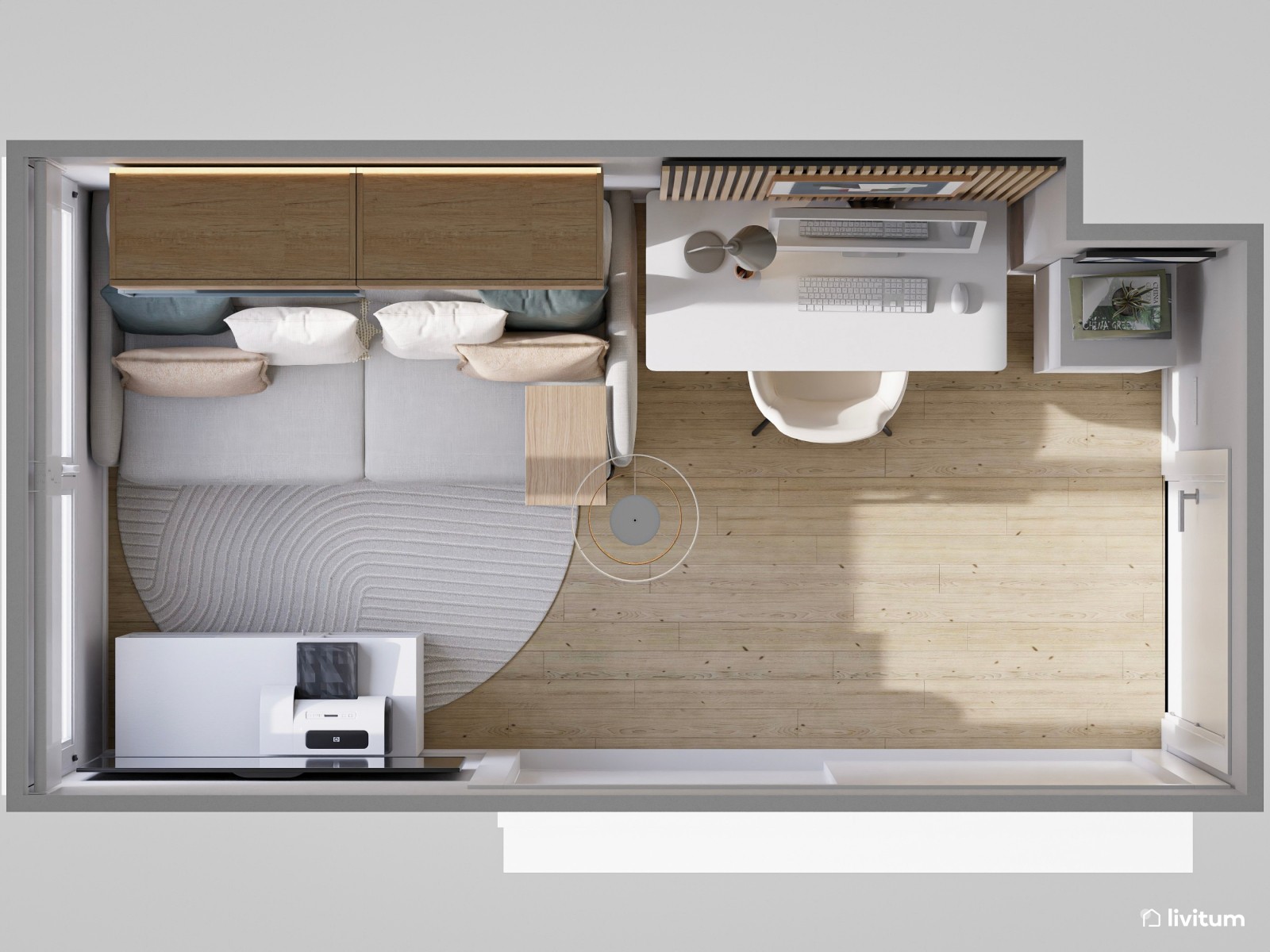 Pequeño estudio con listones de madera y almacenaje vertical 